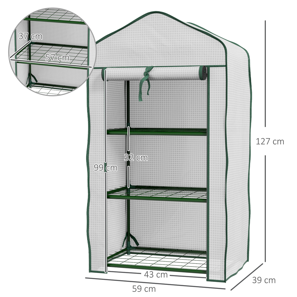 Serre de Jardin étagère 3 Niveaux dim. 59L x 39l x 127H cm métal thermolaqué Vert PE Haute densité 140g/m² Blanc-2