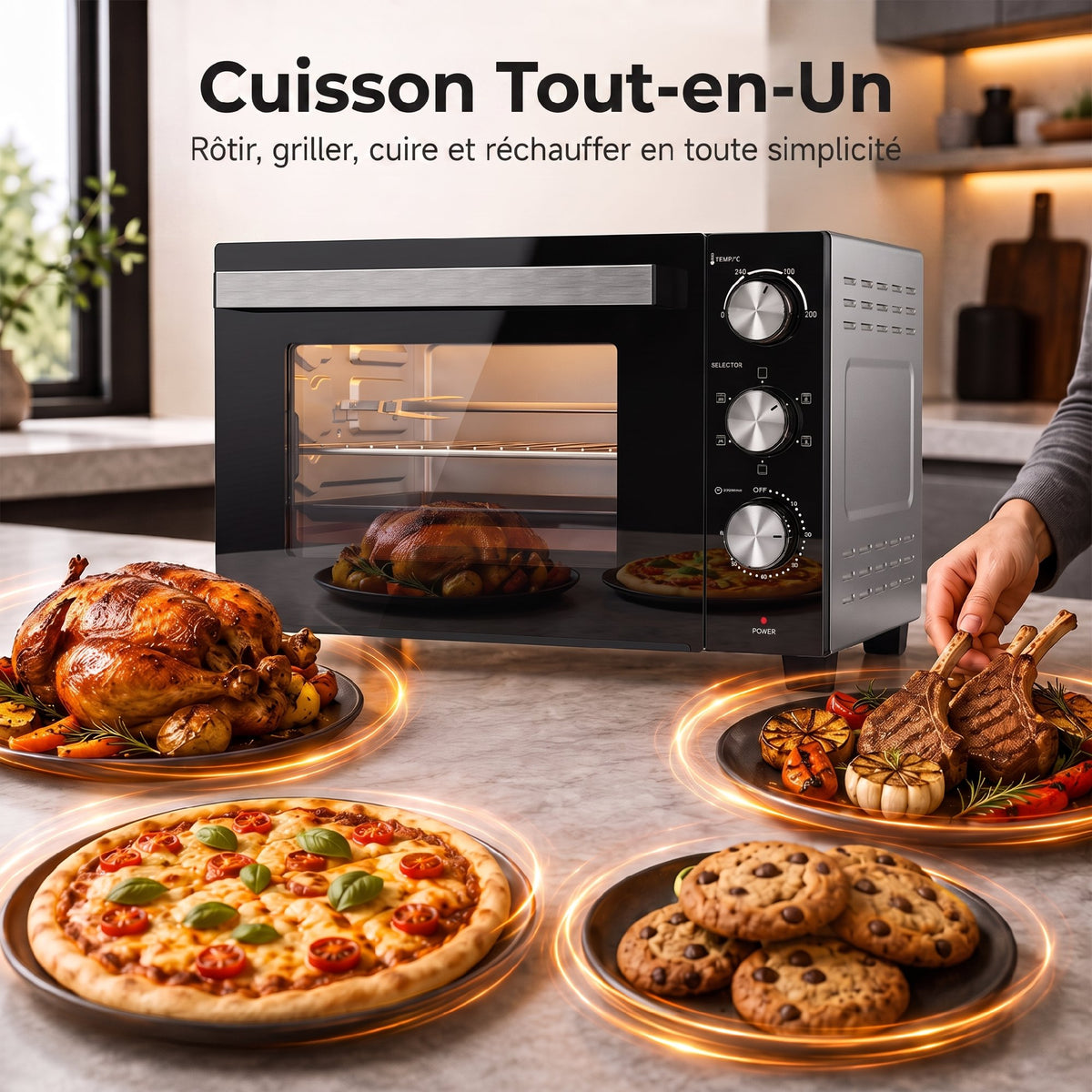 Mini-Four avec Broche Rotative 36L 1500 W, Four à Convection Multifonction, Chaleur Tournante, Minuterie 60 min, Argenté-3