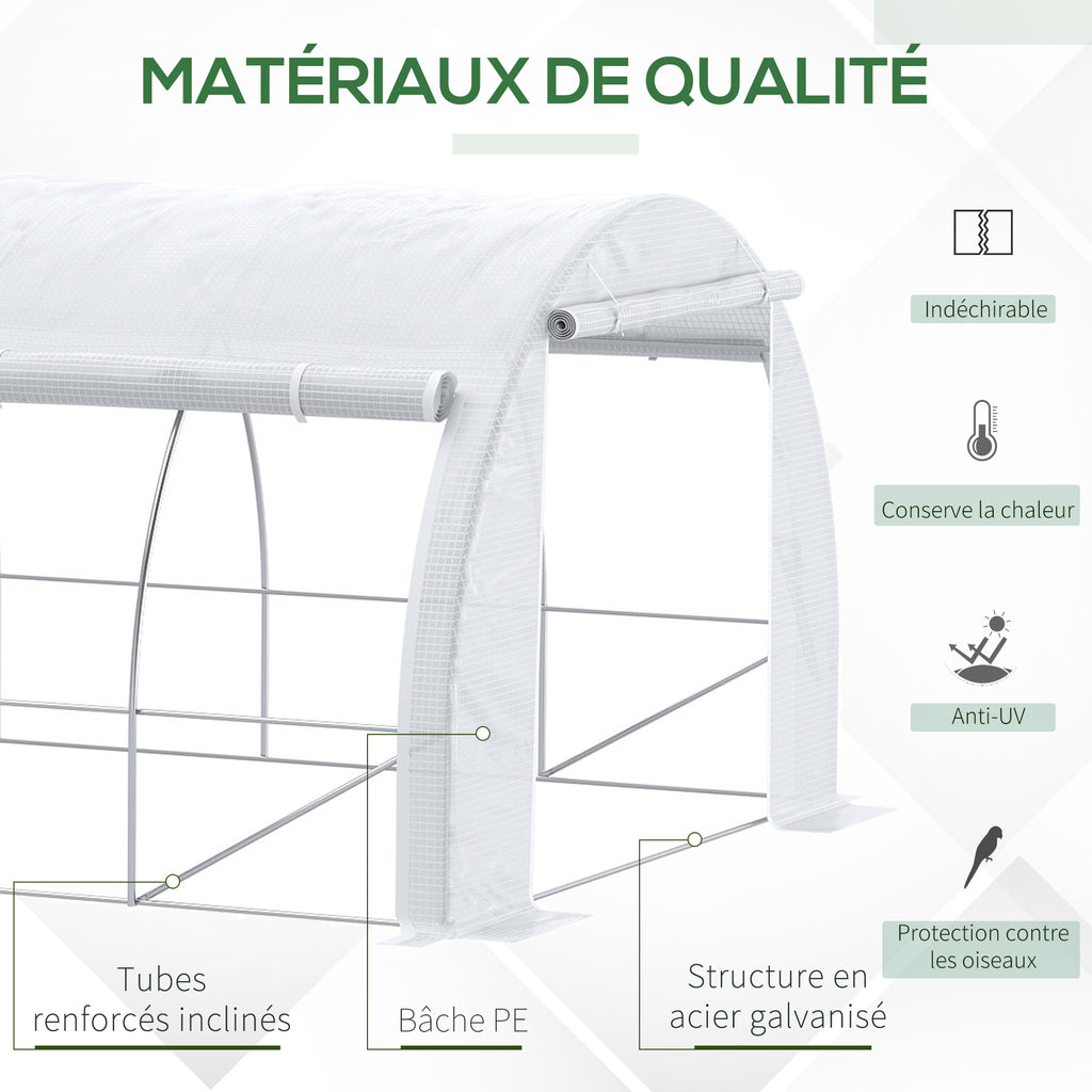 Serre de jardin 18 m² 6L x 3l x 2H m avec porte + parois latérales zippées enroulables, 12 fenêtres, acier PE-3