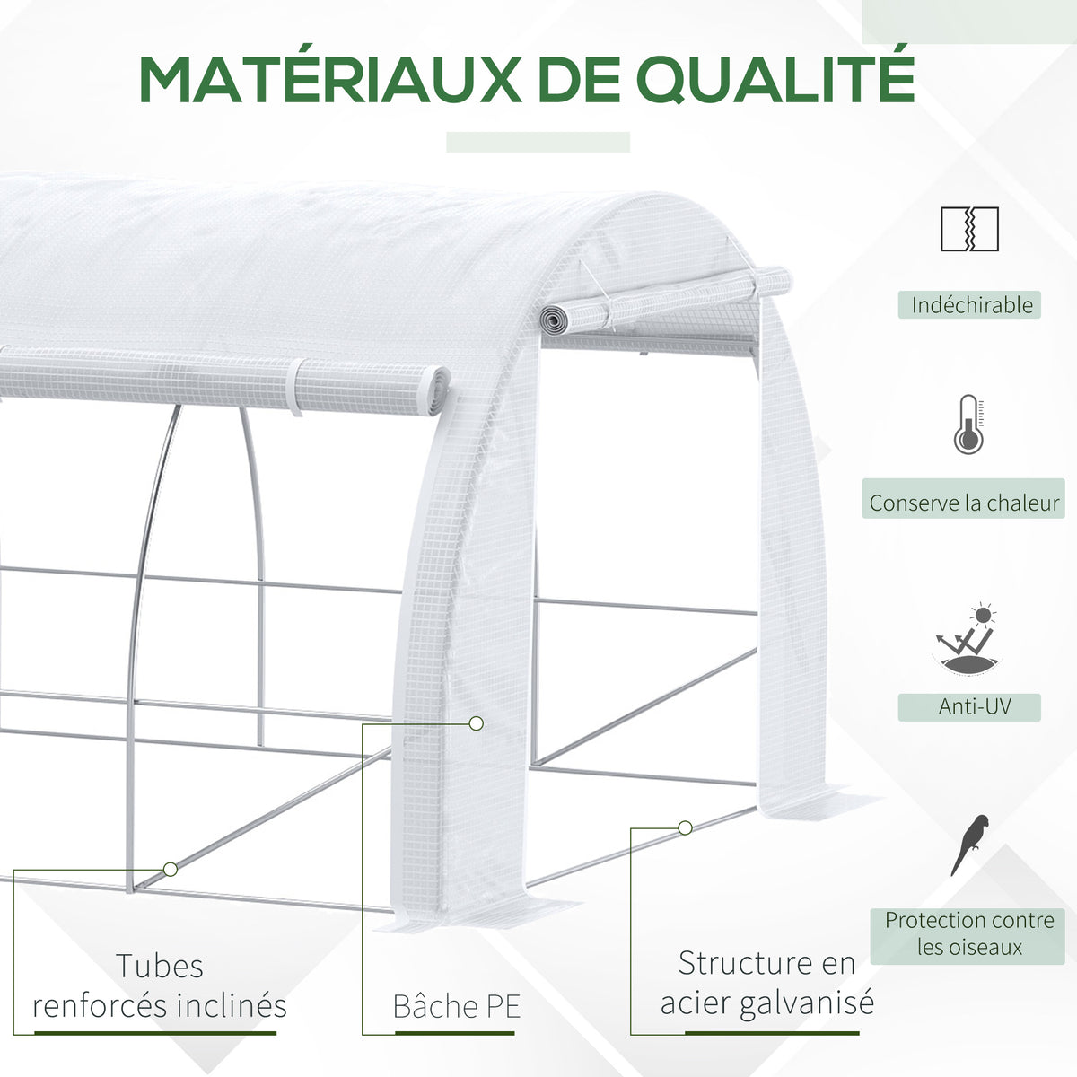 Serre de jardin 18 m² 6L x 3l x 2H m avec porte + parois latérales zippées enroulables, 12 fenêtres, acier PE-3