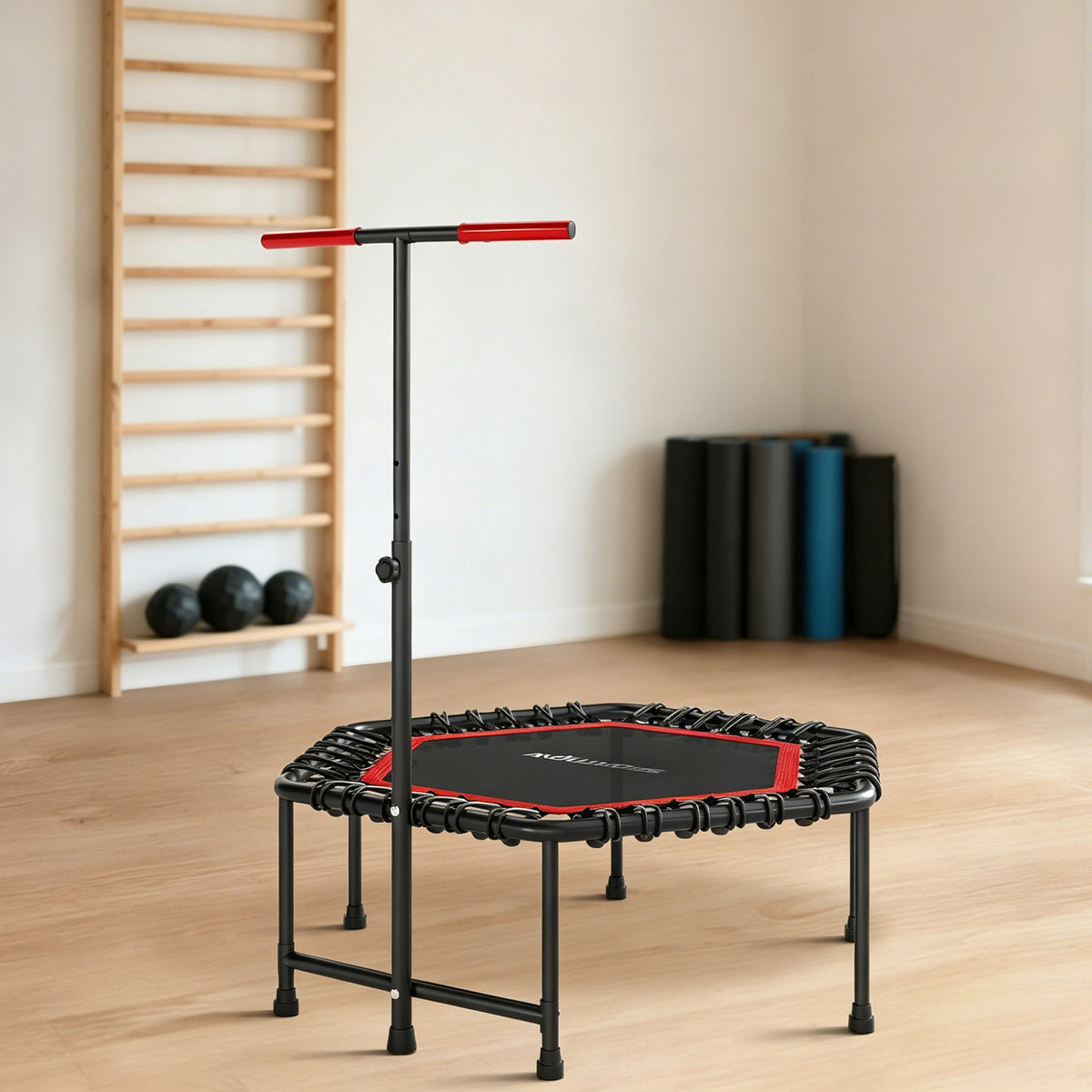 Trampoline de fitness 114 cm, cordes élastiques, poignée réglable 3 positions, trampoline d'exercice silencieux, rouge-1