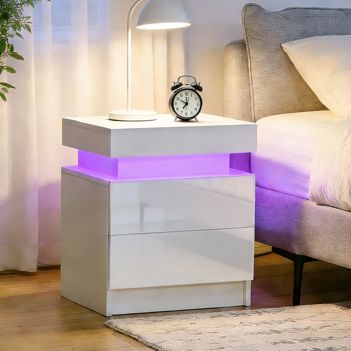 Table de chevet table de nuit lumière LED RVB panneau haute brillance avec 2 tiroirs pour salon chambre à coucher blanc-7