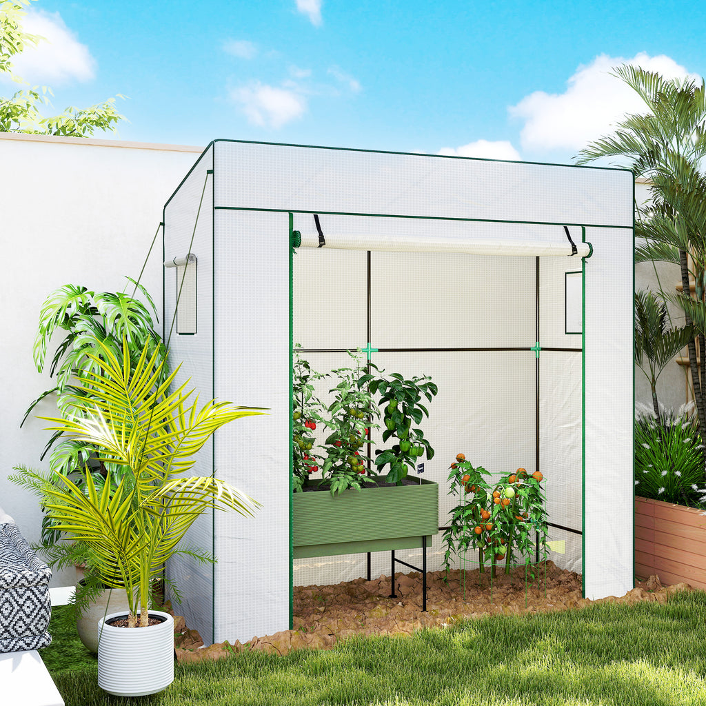 Serre de jardin murale adossée avec 1 porte enroulable, bâche PE renforcée, 2 fenêtres, dim. 196L x 77l x 197/178H cm-5