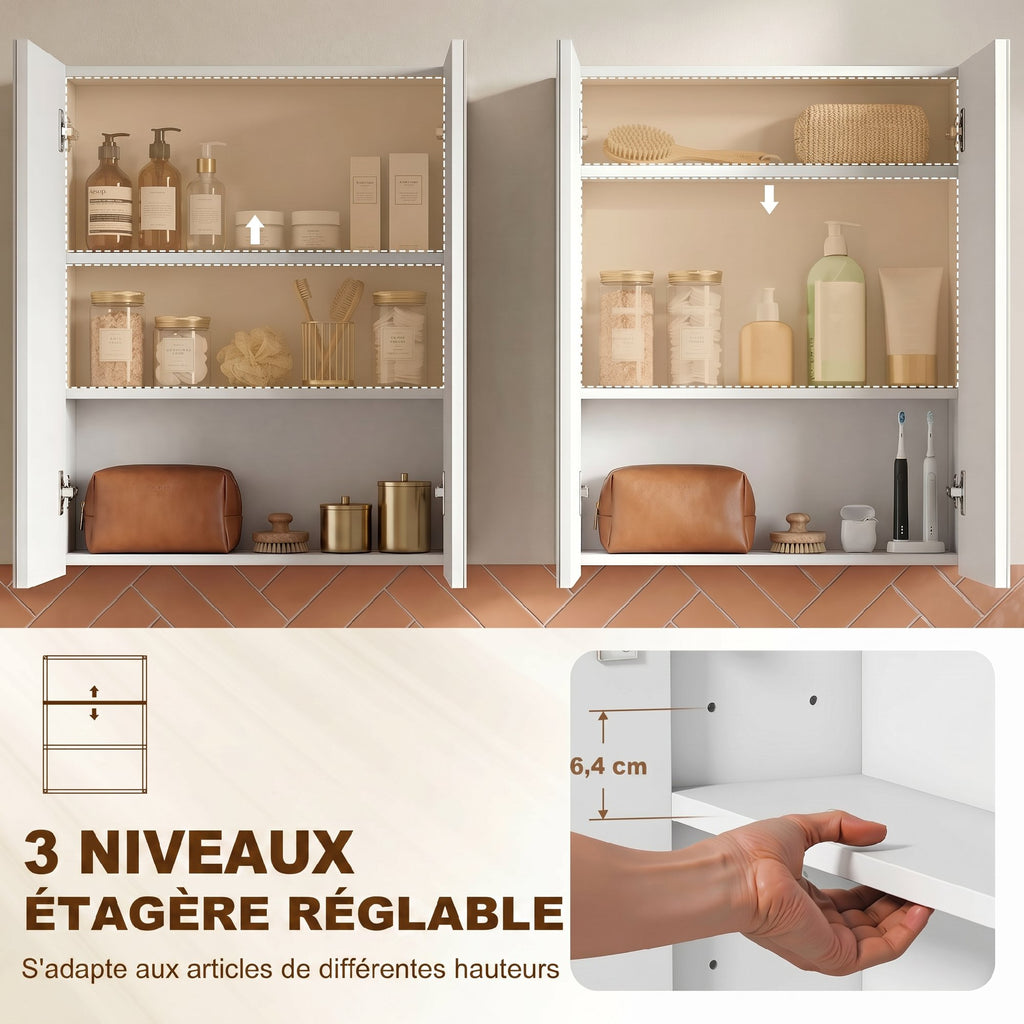 Armoire avec Miroir en Bois Rangement Salle de Bain Fermeture Porte Tampon MDF-4