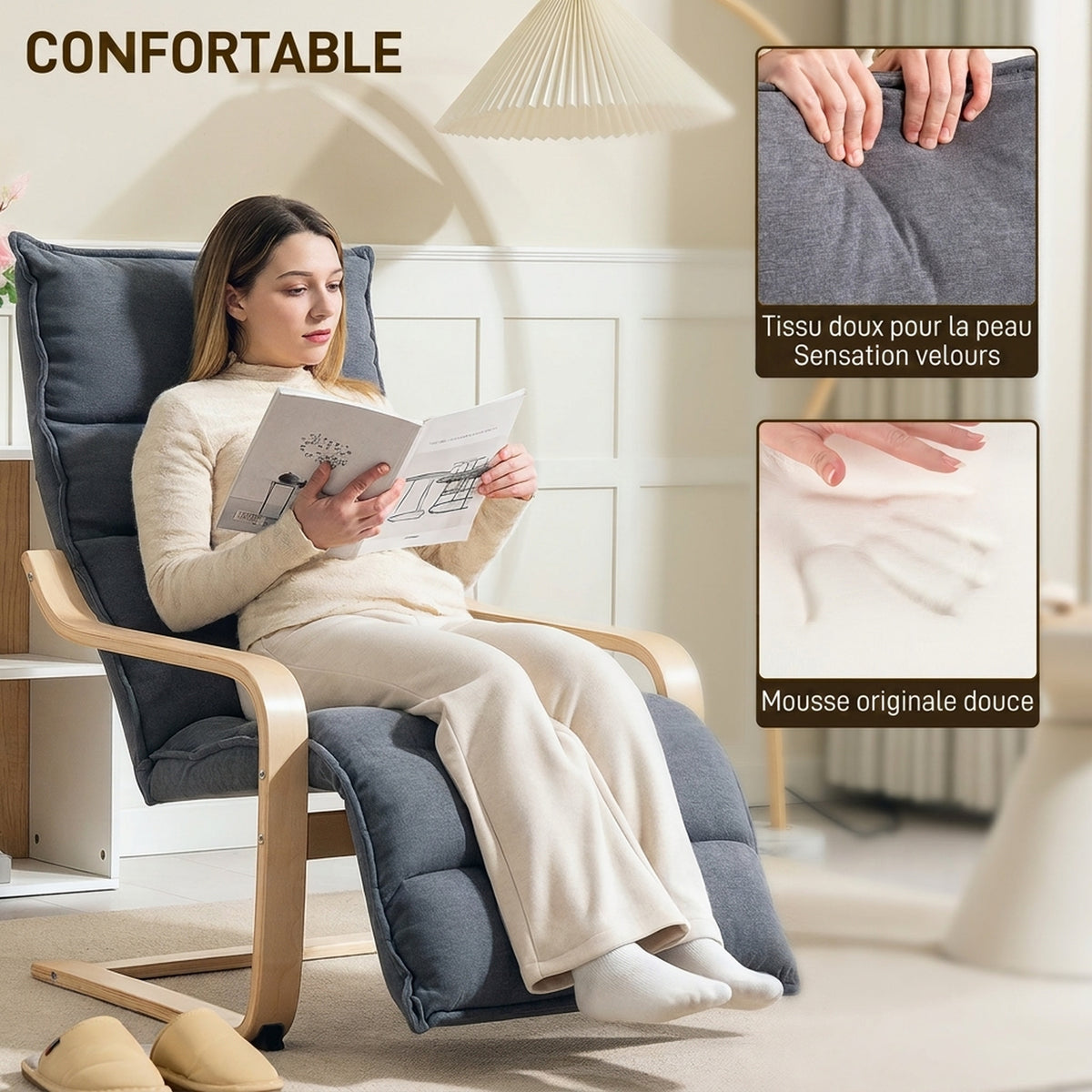 Fauteuil Salon, Fauteuil d'Appoint Rembourré en Velours, Repose-Pieds Réglable, Structure Acier, 67x93x105cm, Gris Foncé-3