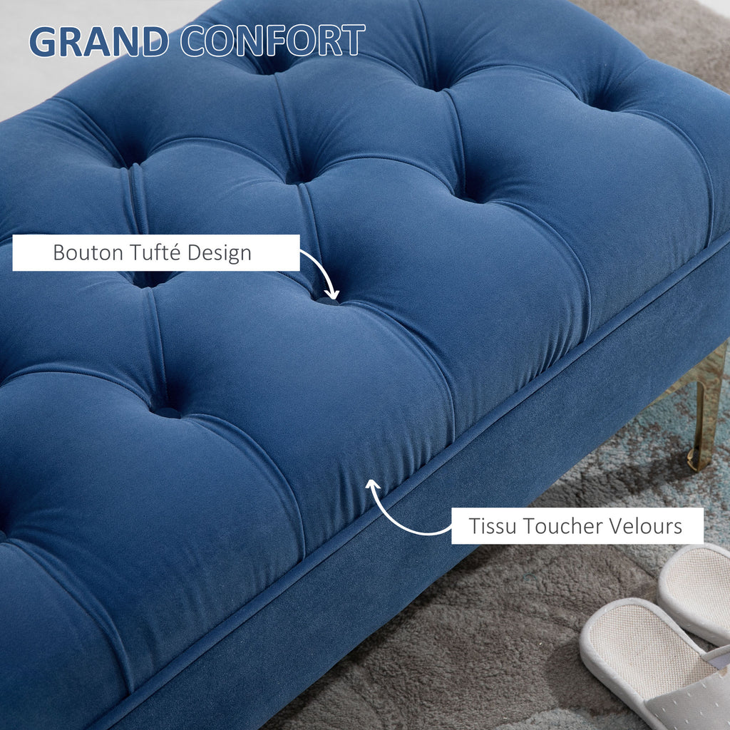 Banc banquette capitonnée bout de lit style classique chic 118L x 45l x 42H cm piètement métal doré velours bleu-3