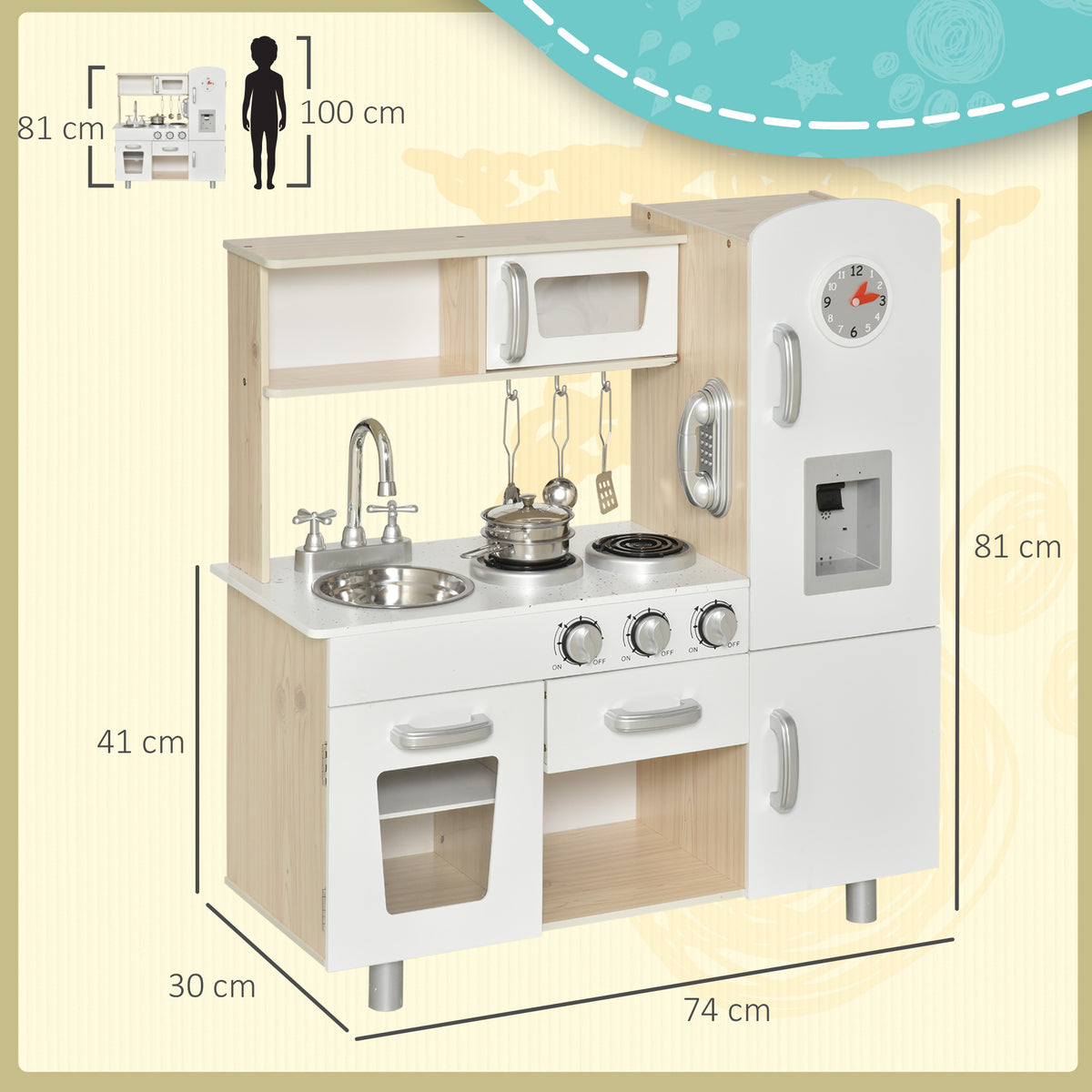 Cuisine Bois Jeu d'imitation - Cuisine Enfant - Nombreux Accessoires & rangements Inclus - MDF pin Blanc chêne Clair-2