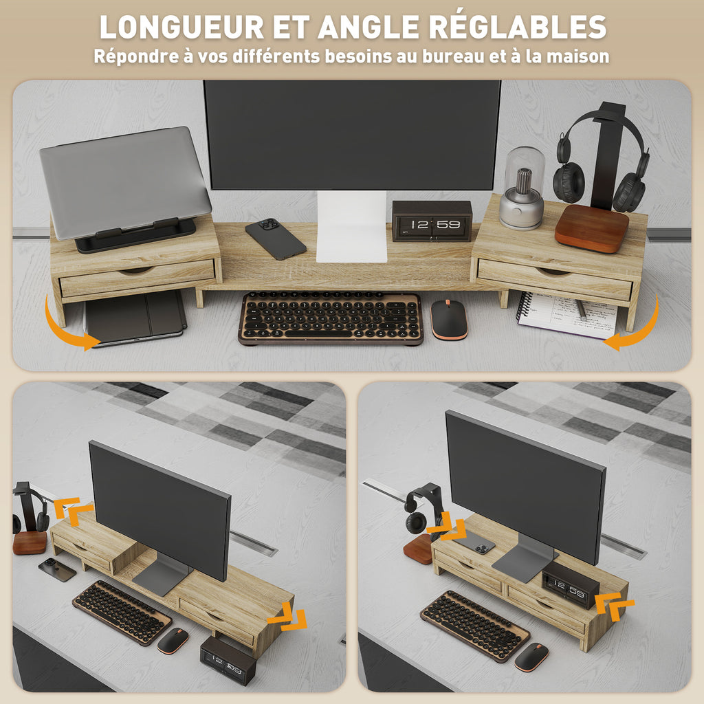 Rehausseur écran PC bureau support d'écran d'ordinateur de 60-116 cm avec 2 tiroirs, longueur et angle réglables-3