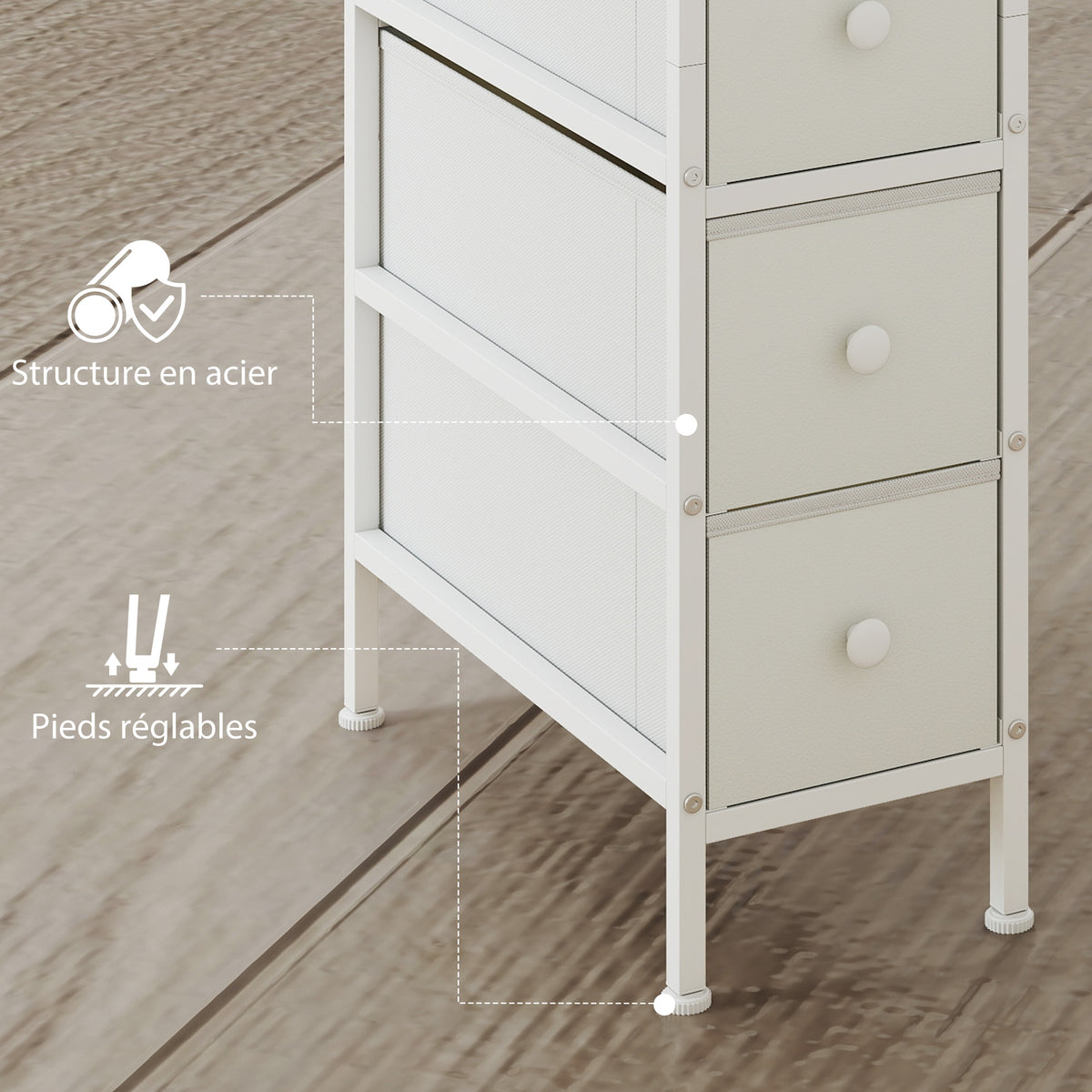 Commode 4 Tiroirs Pliables en Tissu, Meuble de Rangement Étroit, Style Moderne, Cadre en Acier, 20 x 43 x 81,5 cm Blanc-6