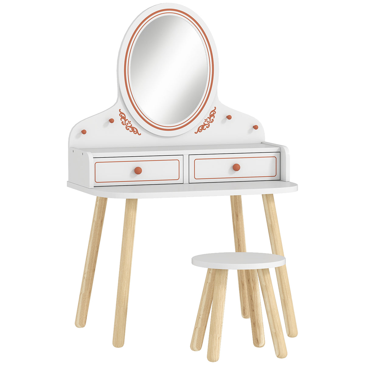 Coiffeuse Enfant en Bois avec Miroir Acrylique et Tabouret, 2 Tiroirs, Coins Arrondis, 3 à 8 Ans, 56x38x87,8cm, Blanc-0