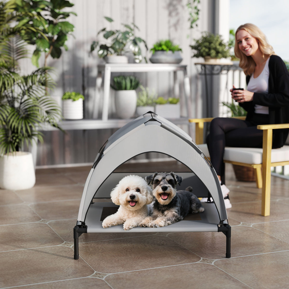 Lit pour Chien Surélevé Tente pour Chien avec Auvent Tente 3 Côtés Respirant Textilène Sac 76x61x70cm Gris Clair-7