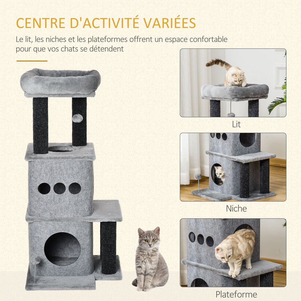 Arbre à chats design cosy chic multi-équipements centre d'activités niches plateformes lit jeu boule feutres amovibles lavables panneaux de particules peluche courte 48 x 48 x 100 cm gris-5