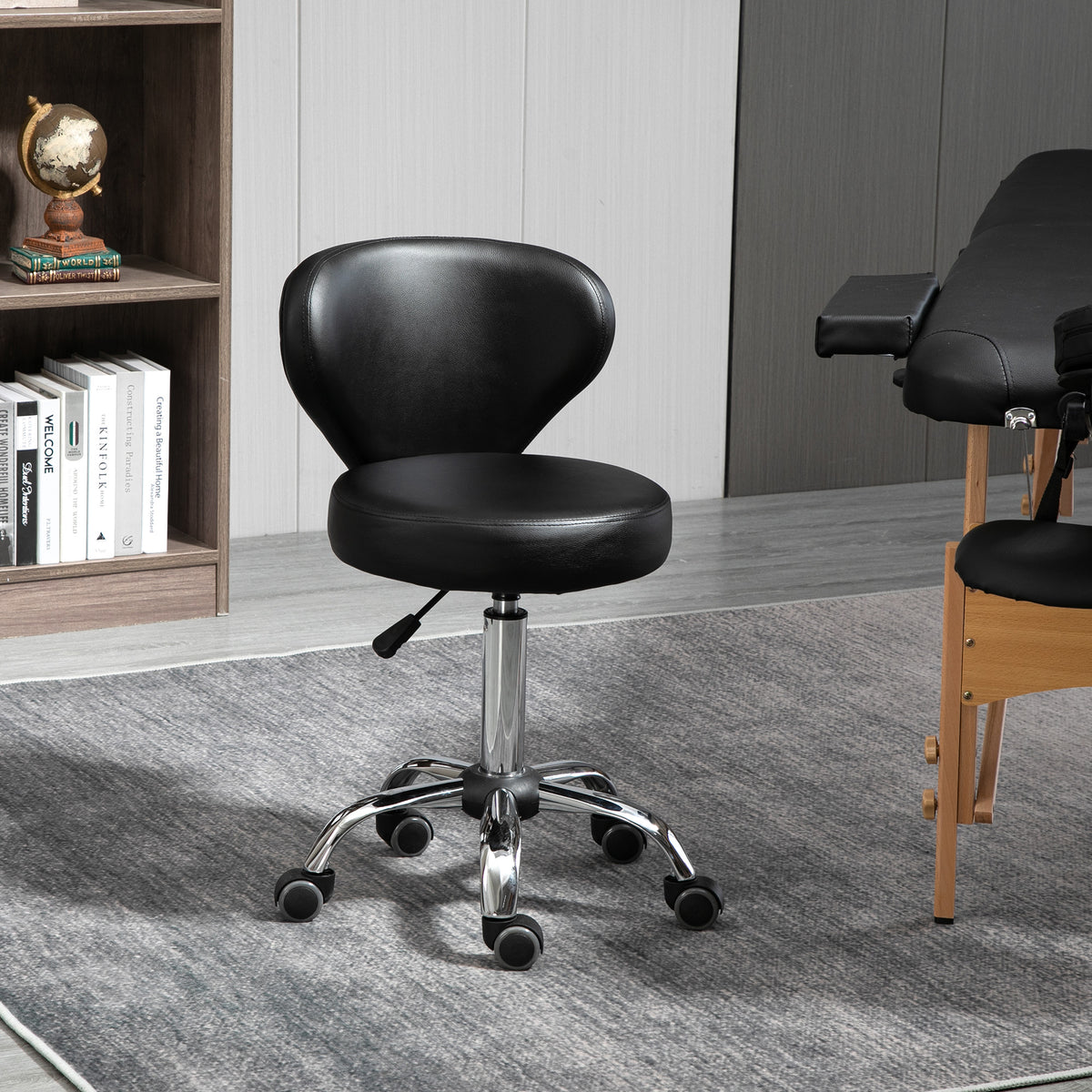Tabouret à roulettes, tabouret de massage en PU avec hauteur réglable 73-88cm et dossier, chaise de travail pivotant 360°, cadre en acier, pour salon de massage, tatouage, clinique, spa, noir-1