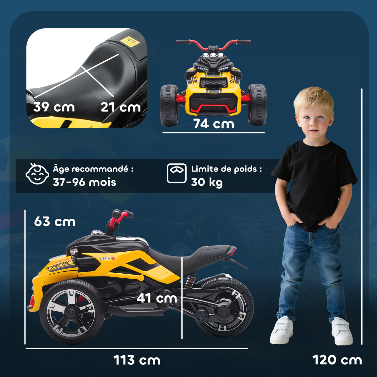 Quad électrique enfants voiture électrique enfants 12V 3 roues 2 moteurs lecteur MP3, klaxon, 2 vitesses 3-5 km/h jaune-2