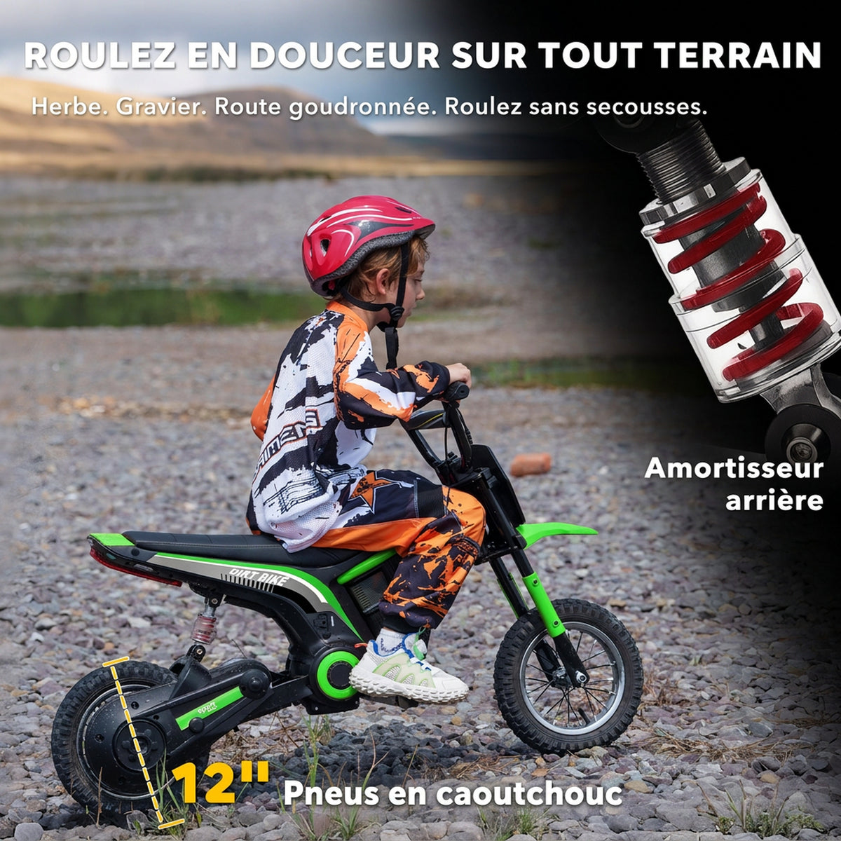 Moto cross électrique enfant moto électrique enfants moteur 350 W batterie 12V 8-16 km/h pneus gonflables 12'' vert-6