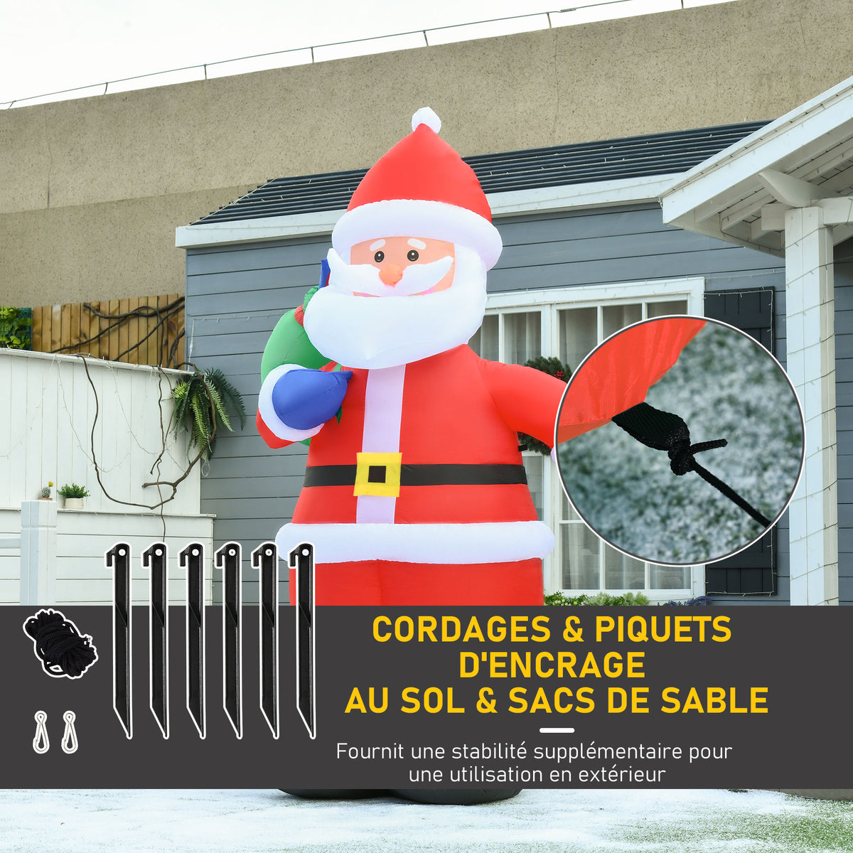 Père Noël Gonflable LED 2,4H m avec hotte Polyester imperméable Rouge-6