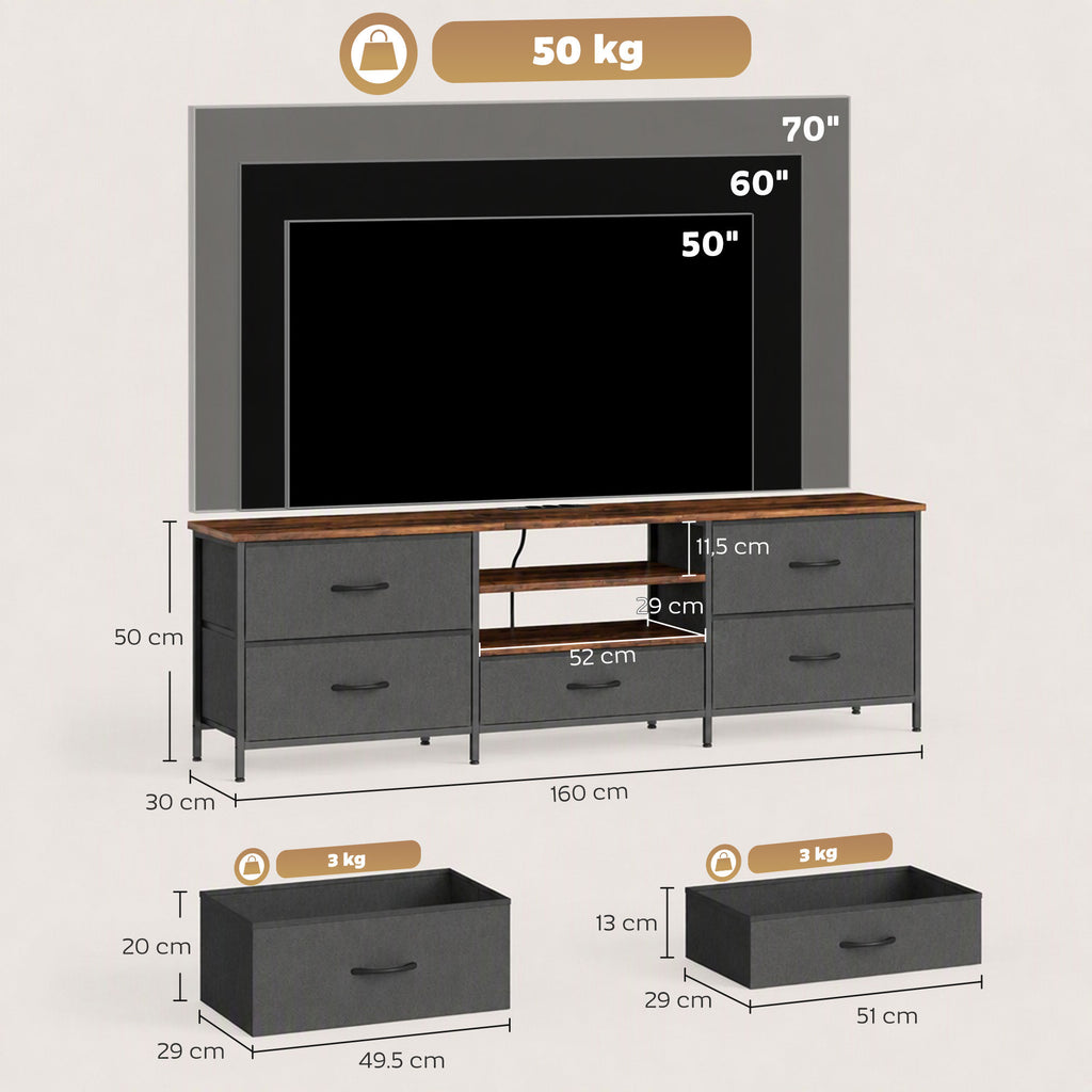 Meuble TV 160 cm, Meuble Télé 70 Pouces, Station de Charge, 5 Tiroirs en Tissu, Étagères Ouvertes, Gris Foncé-2