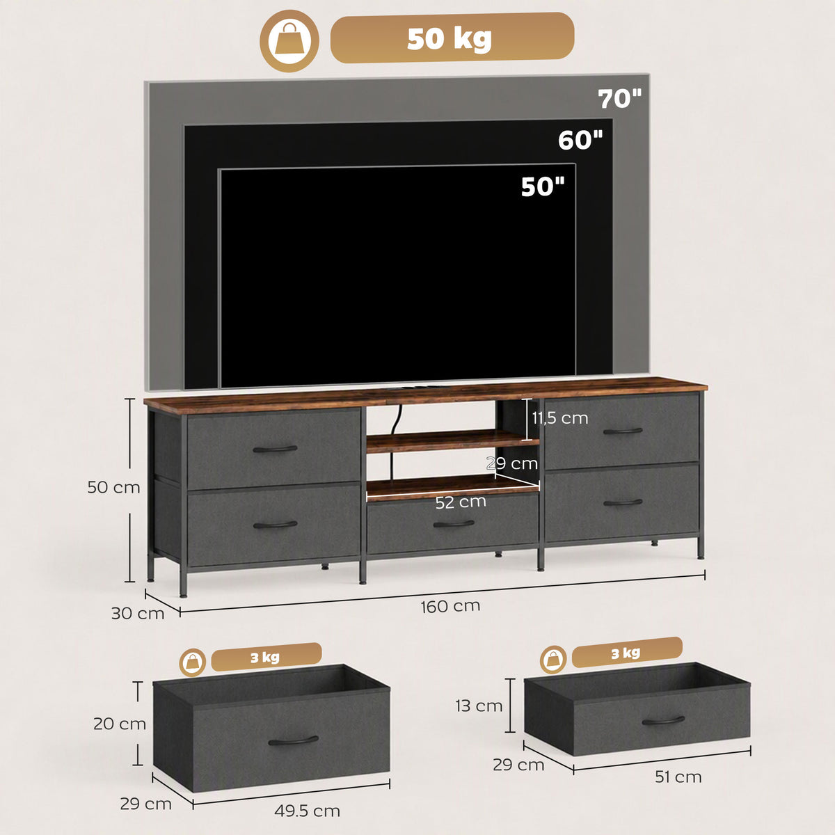 Meuble TV 160 cm, Meuble Télé 70 Pouces, Station de Charge, 5 Tiroirs en Tissu, Étagères Ouvertes, Gris Foncé-2