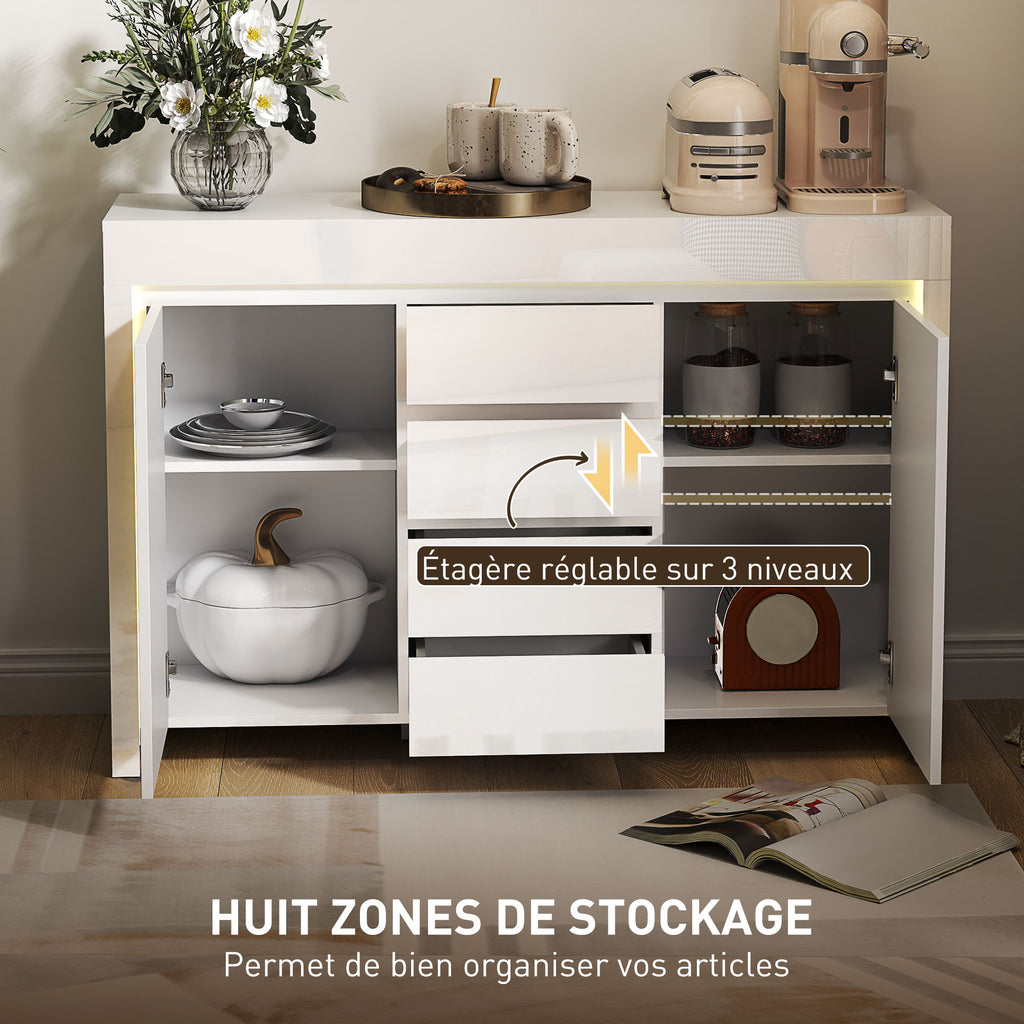 Buffet salon, meuble de rangement avec éclairage LED 4 tiroirs portes à fermeture douce 120 x 34 x 80 cm, blanc brillant-5