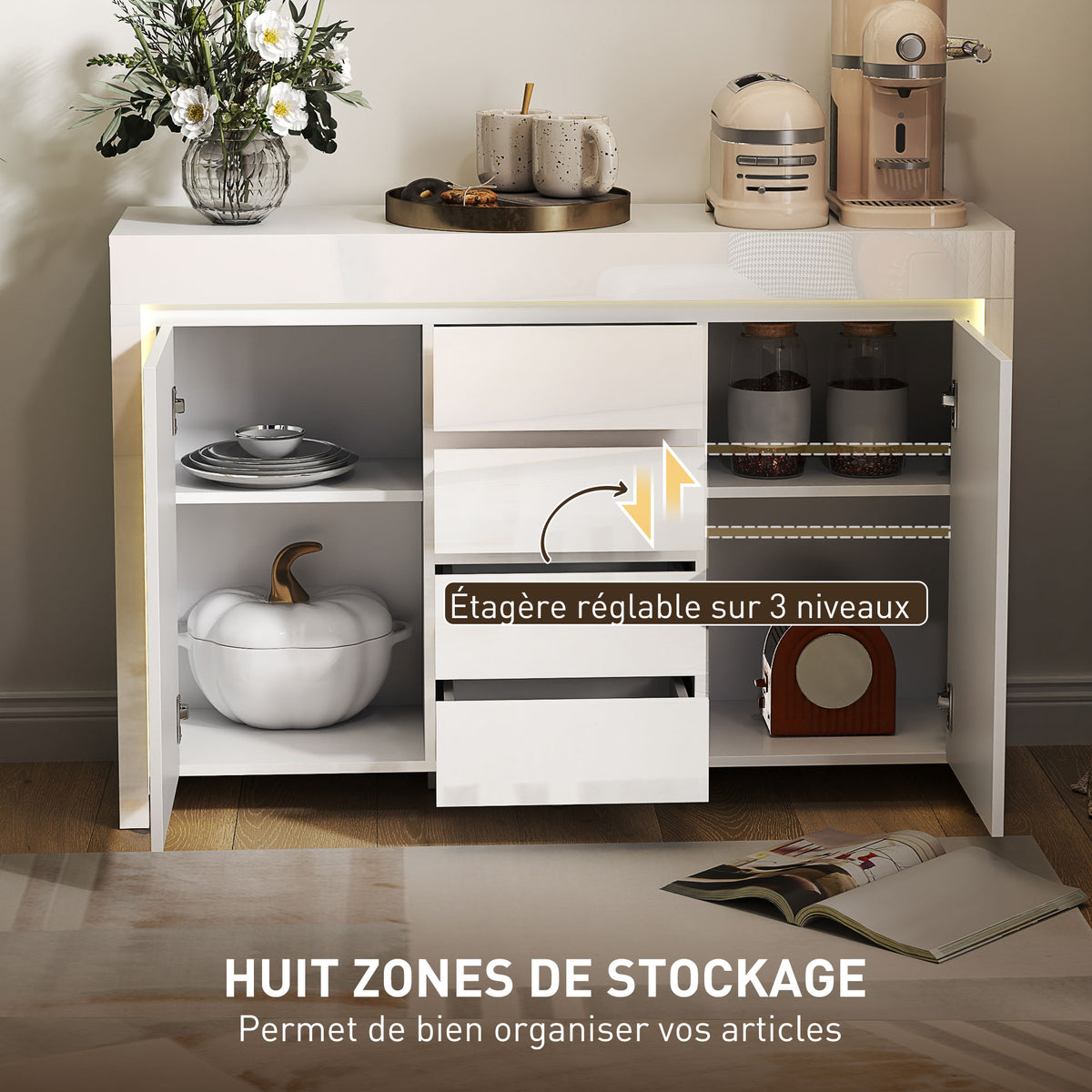 Buffet salon, meuble de rangement avec éclairage LED 4 tiroirs portes à fermeture douce 120 x 34 x 80 cm, blanc brillant-5