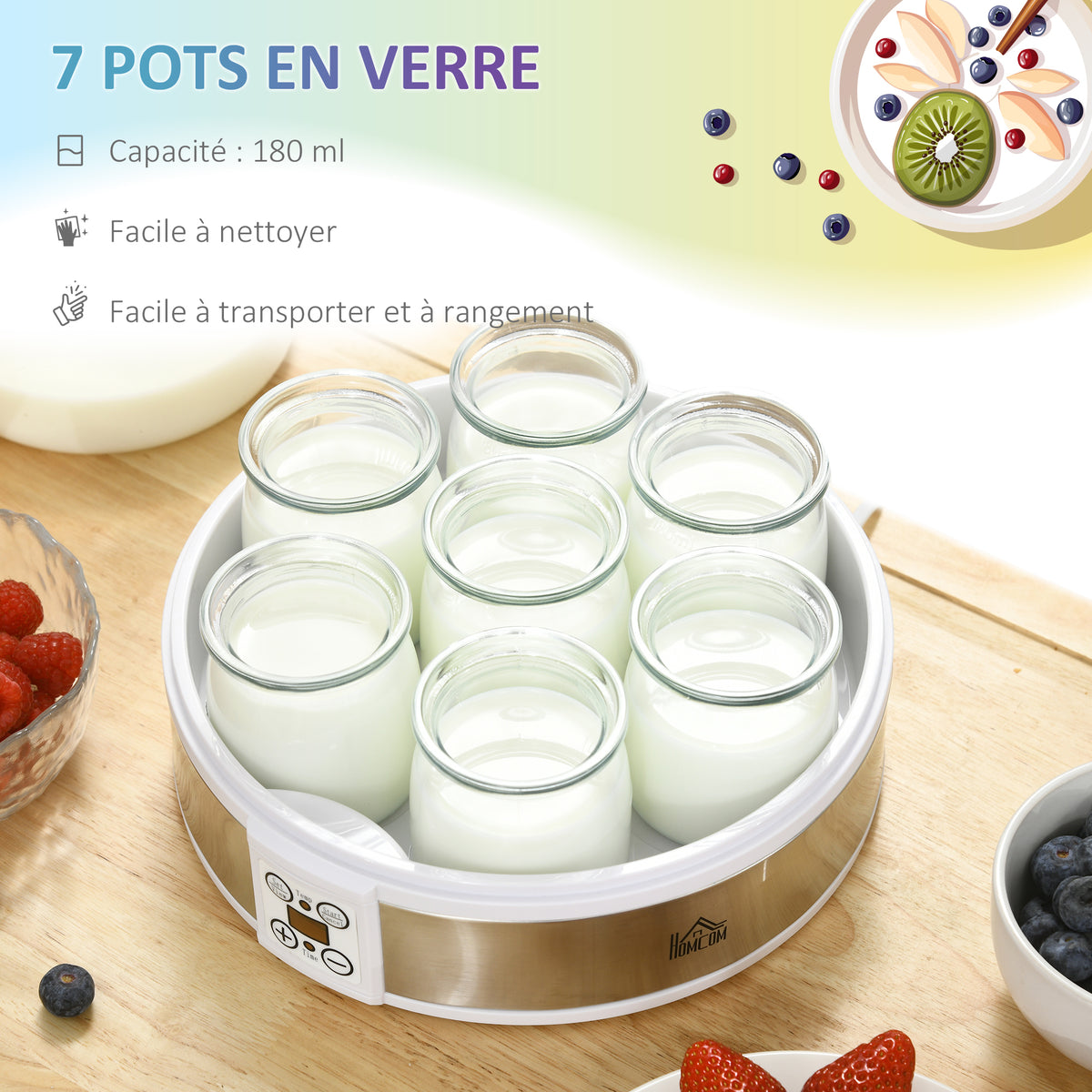 Yaourtière 7 pots de 180ml machine à yaourt électrique en acier inoxydable thermostat réglable 24 x 24 x 13 cm blanc-3