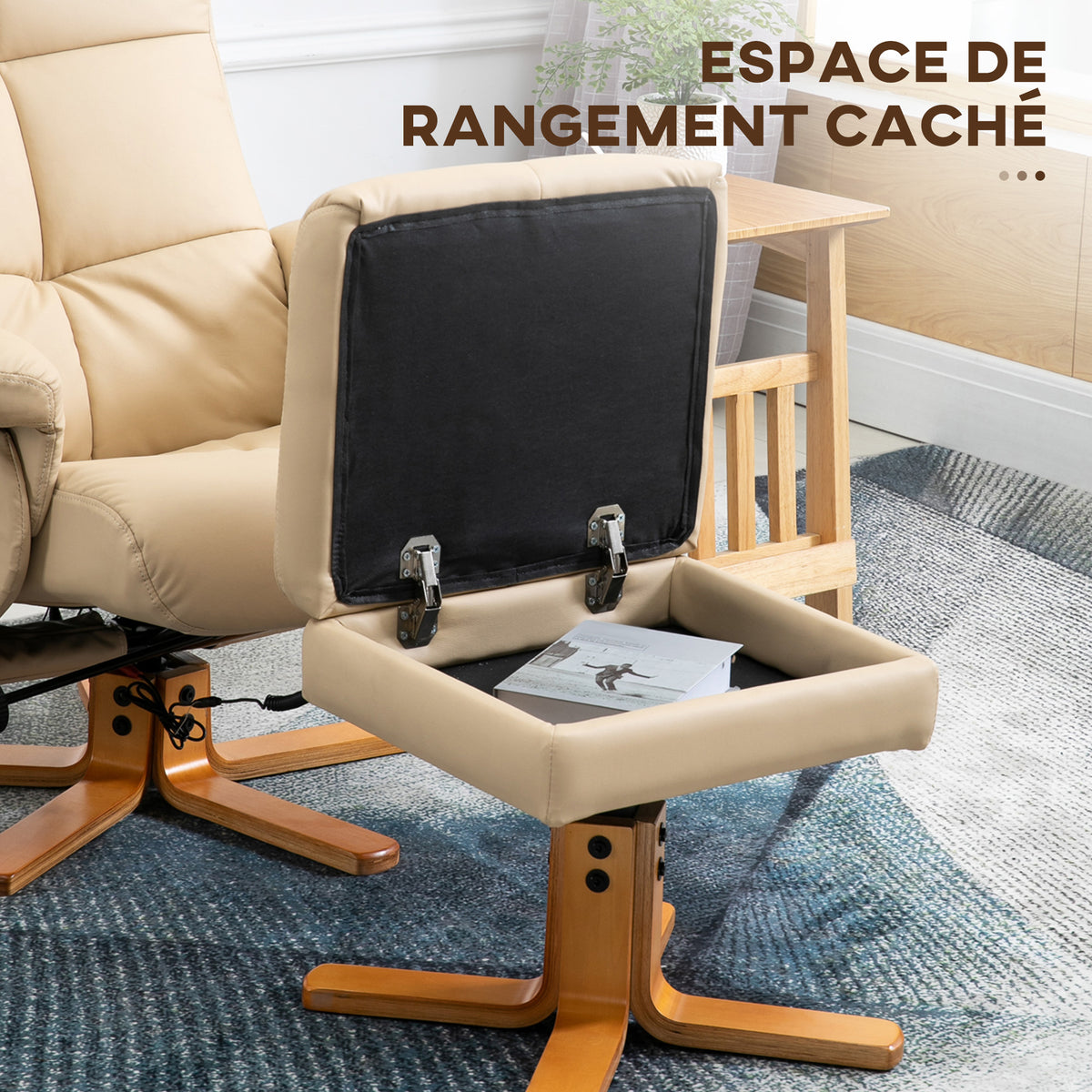 Fauteuil relax massant avec pouf, fauteuil de relaxation pivotant à 360°, dossier inclinable, 80 x 86 x 99 cm, crème-4