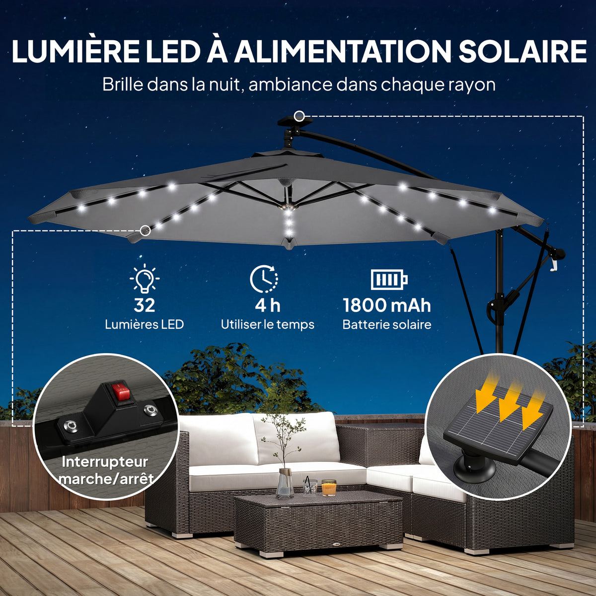 Parasol Déporté Parasol de Jardin LED Solaire 32 Lampes LED Manivelle UV 50+ et Housse de Protection Ø 295cm Gris-3
