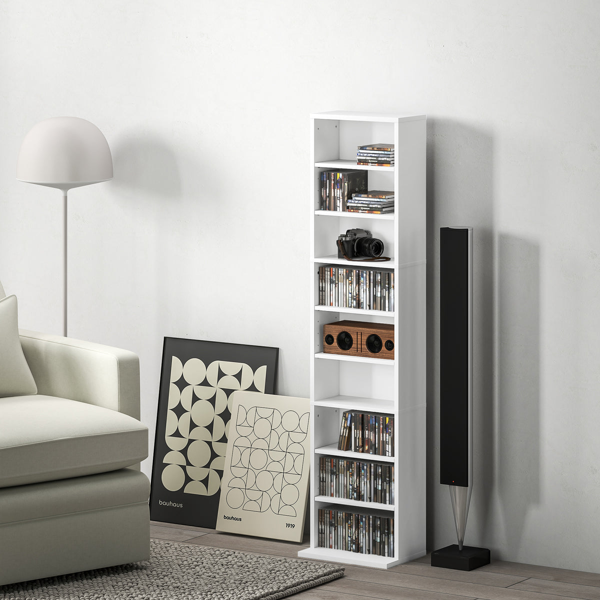 Rangements pour CD et DVD 9 compartiments et 6 étagères réglables capacité max. 260 CD/120 DVD 33 x 24 x 140 cm blanc-1