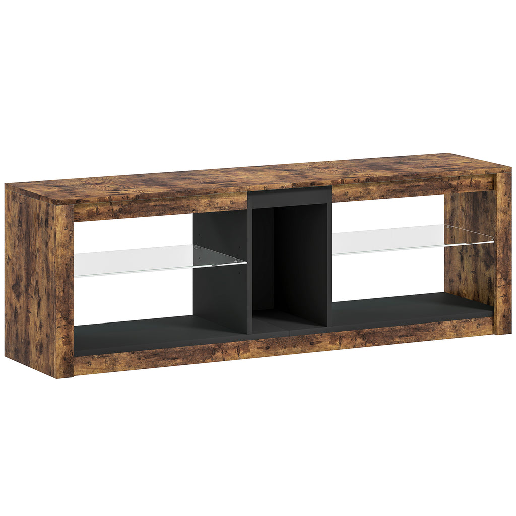 Meuble TV avec lumières LED et télécommande, étagères et compartiments ouvert, 140x35x47cm, marron-0