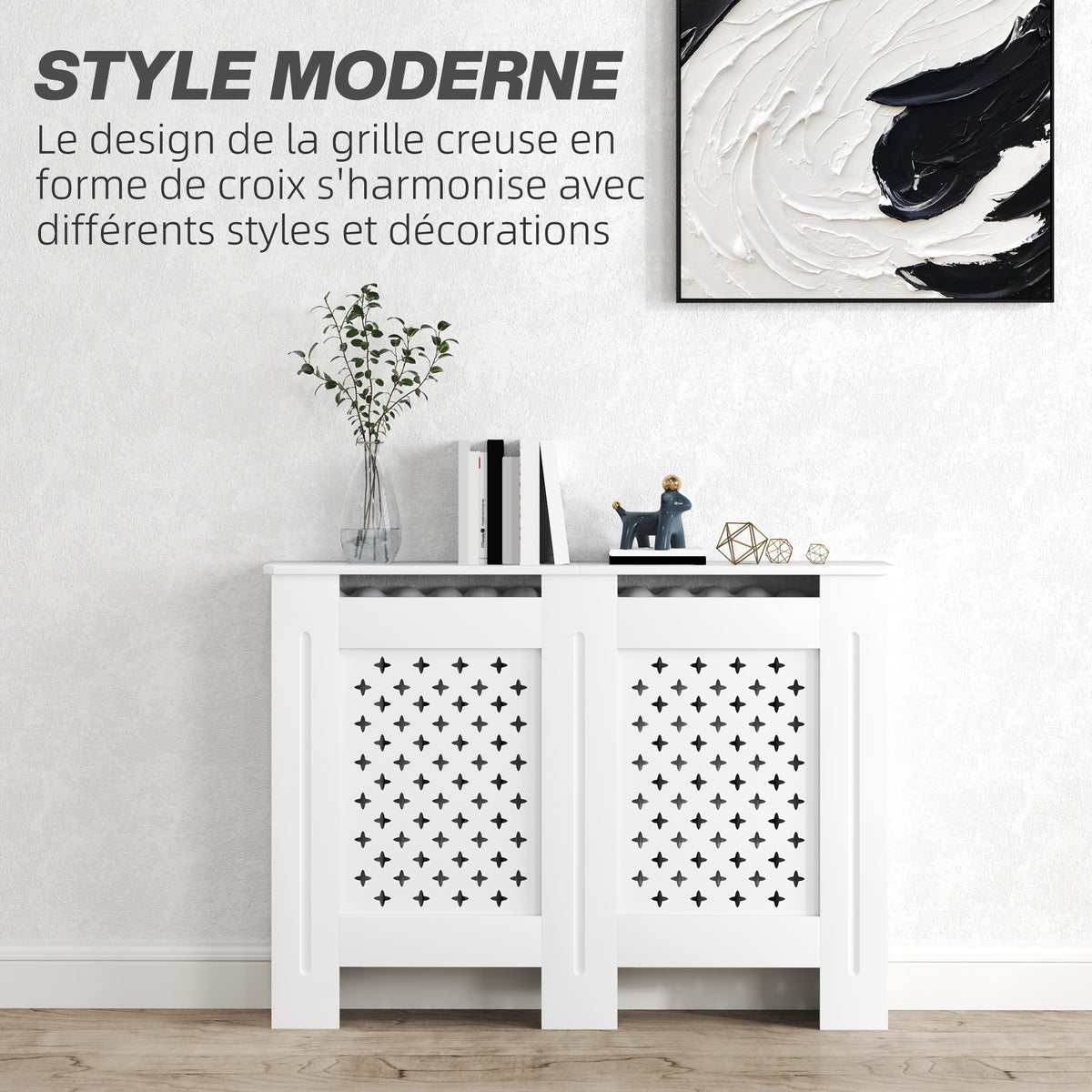 Couvercle de radiateur cache radiateur grille croisée pour salon chambre à coucher en bois 112l x 19P x 81,5H cm blanc-3