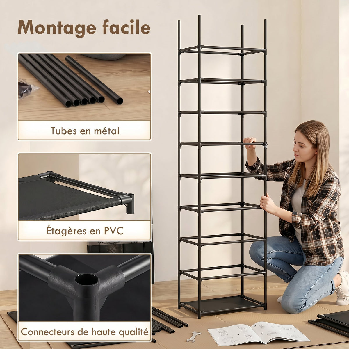 Étagère à Chaussures 20 Paires 10 Niveaux, Range-Chaussures en Métal avec Housse Anti-Poussière, Noir-6