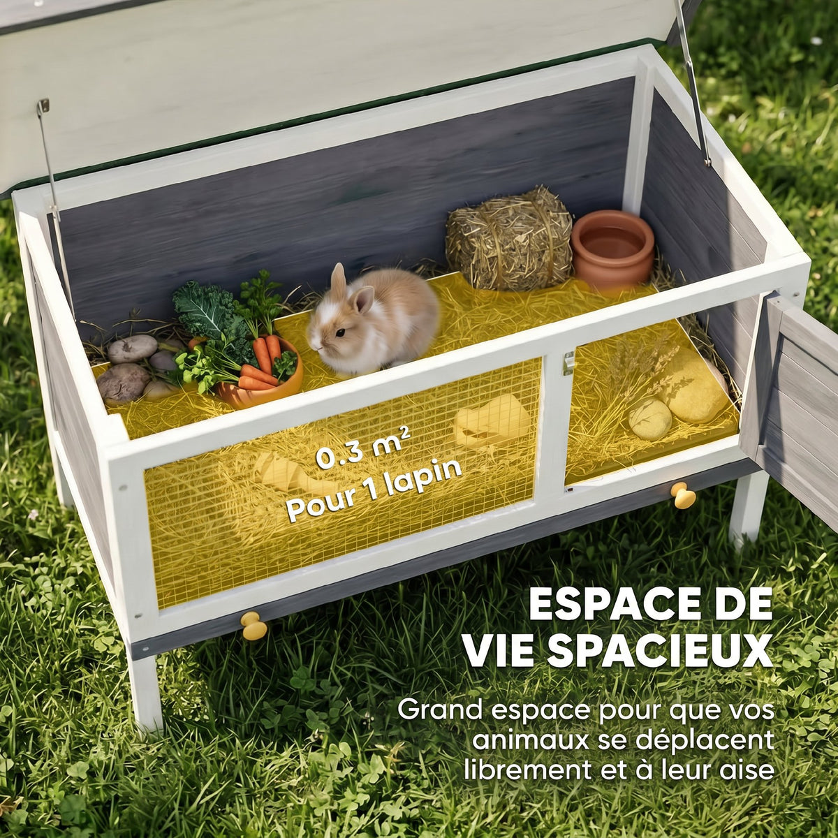 Clapier Lapin Extérieur en Bois, avec Toit Ouvrable en Asphalt et Plateau Coulissant, Design Surélevé, 90x45x65cm, Gris-3