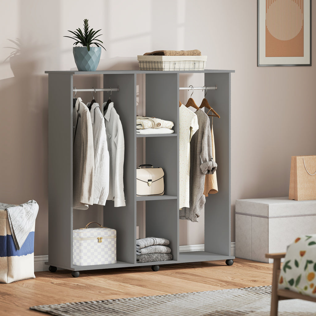 Armoire penderie meuble de rangement mobile 6 roulettes 120 x 40 x 128 cm en bois gris-1