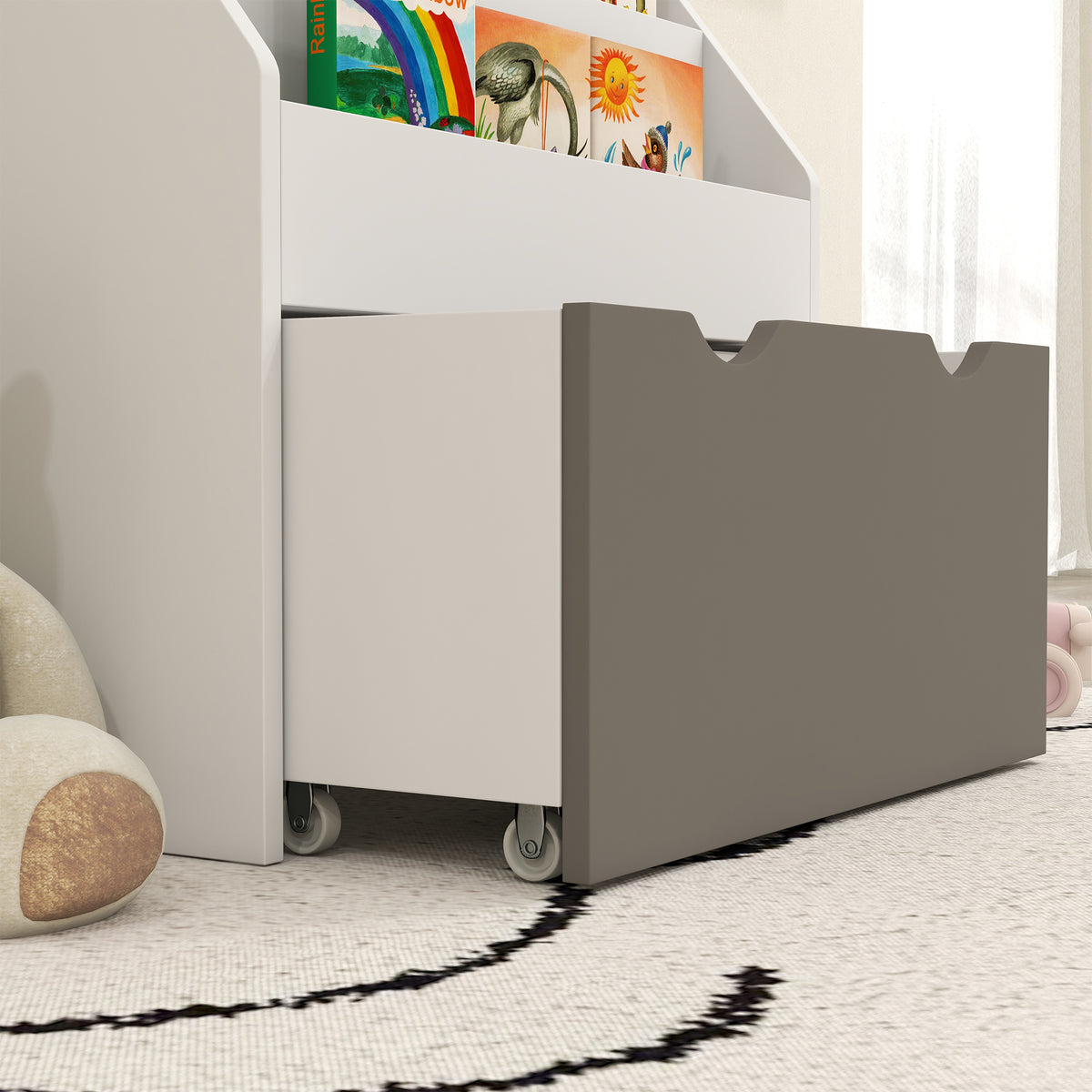 Bibliothèque pour enfants Multi-Rangement avec 3 niveaux d'étagères et un tiroir, 62,5L x 30l x 70H cm, gris et blanc-8
