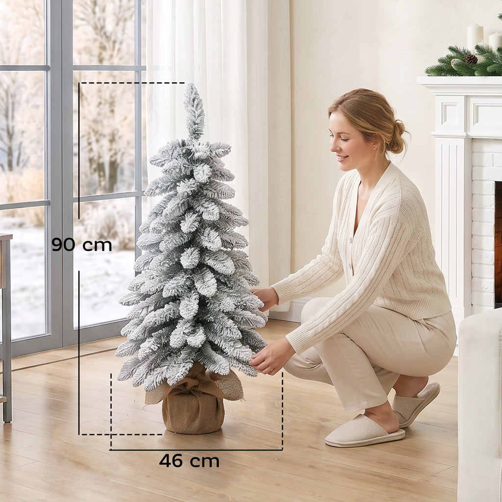 Sapin de Noël Artificiel 90 cm, 107 Embouts de Branches Enneigés en PVC, Base en Toile de Jute, Montage Rapide, Blanc-2