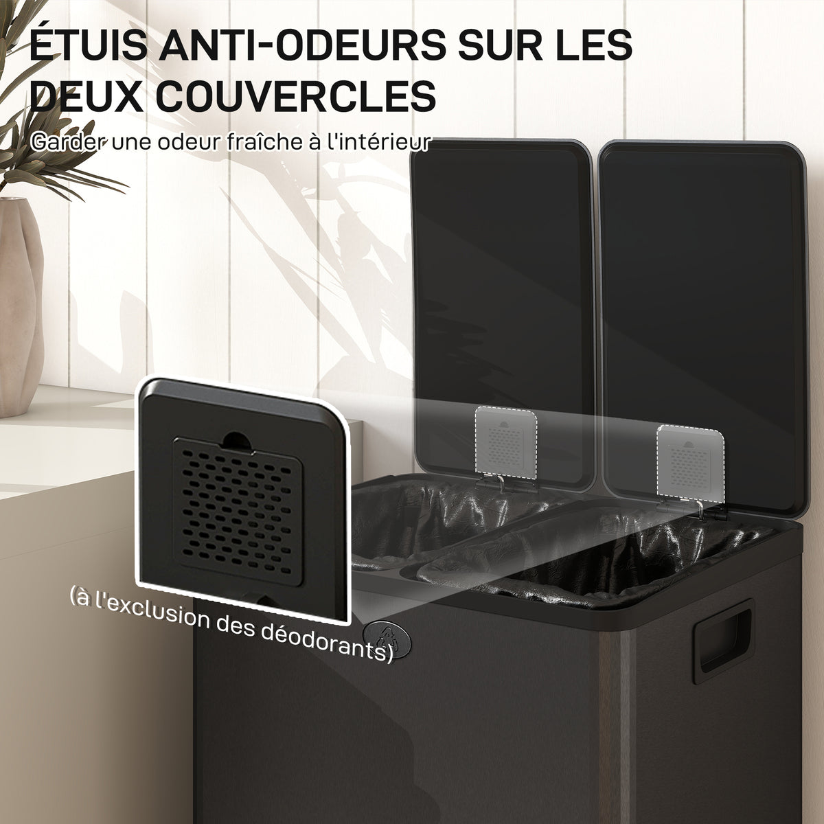 Poubelle de cuisine 2 compartiments de 2 x 28L, acier inoxydable, couvercle à fermeture douce, 45,8x36x67,6cm, noir-4