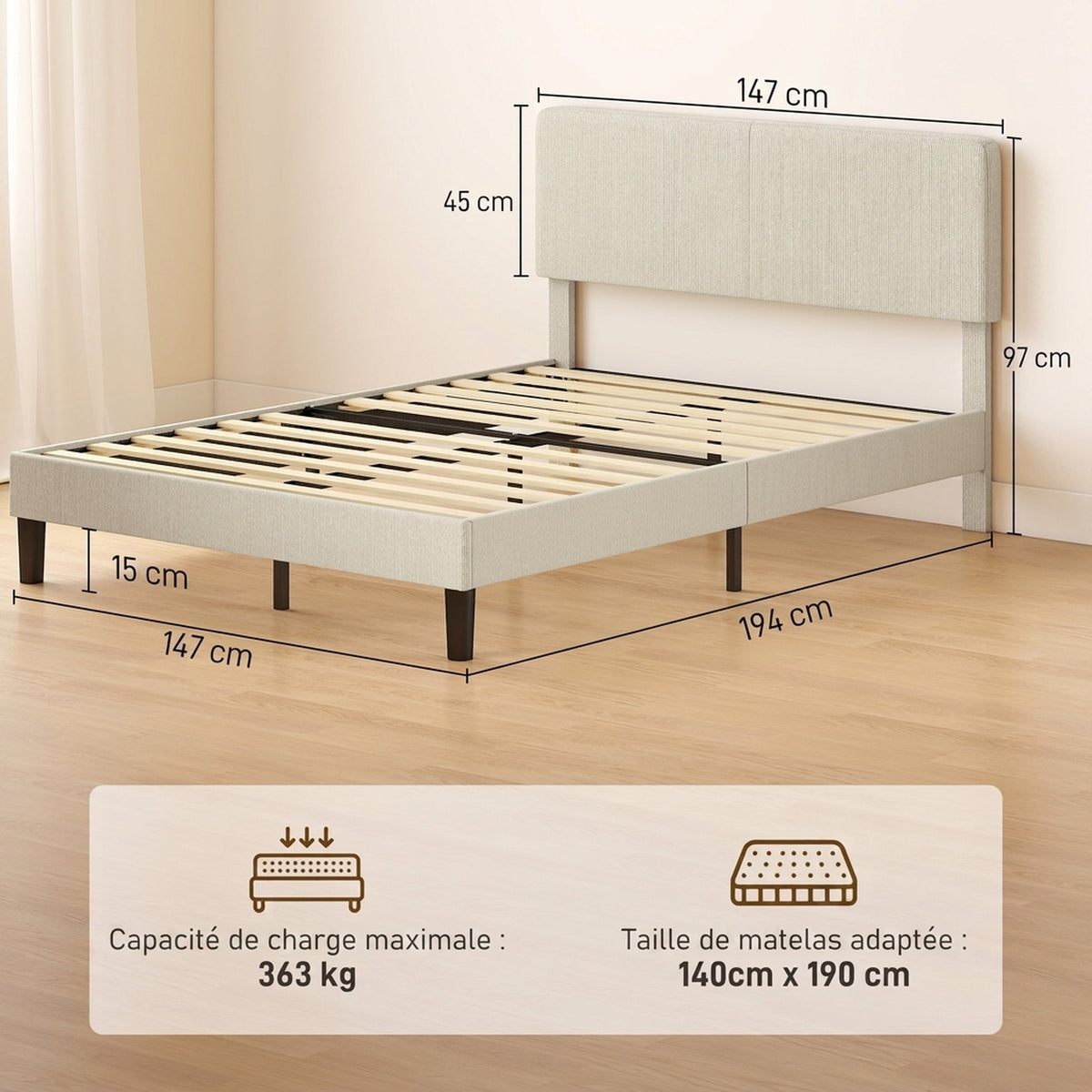 Cadre de Lit 140 x 190 cm avec Sommier, Tête Réglable, Lit Double Rembourré en Velours Côtelé, Sans Bruit, Gris Clair-2