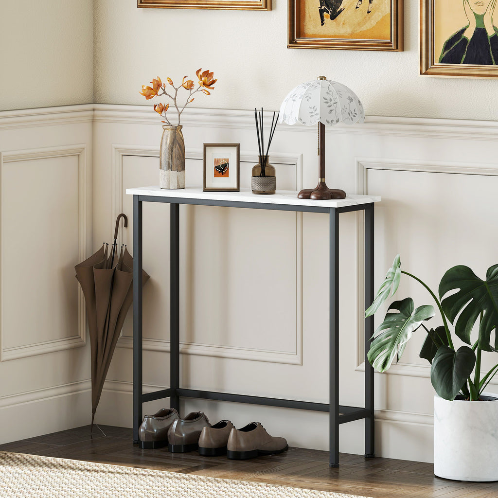 Console meuble 75 cm, table console plateaux en effet marbre, cadre en métal, style moderne blanc et noir-9