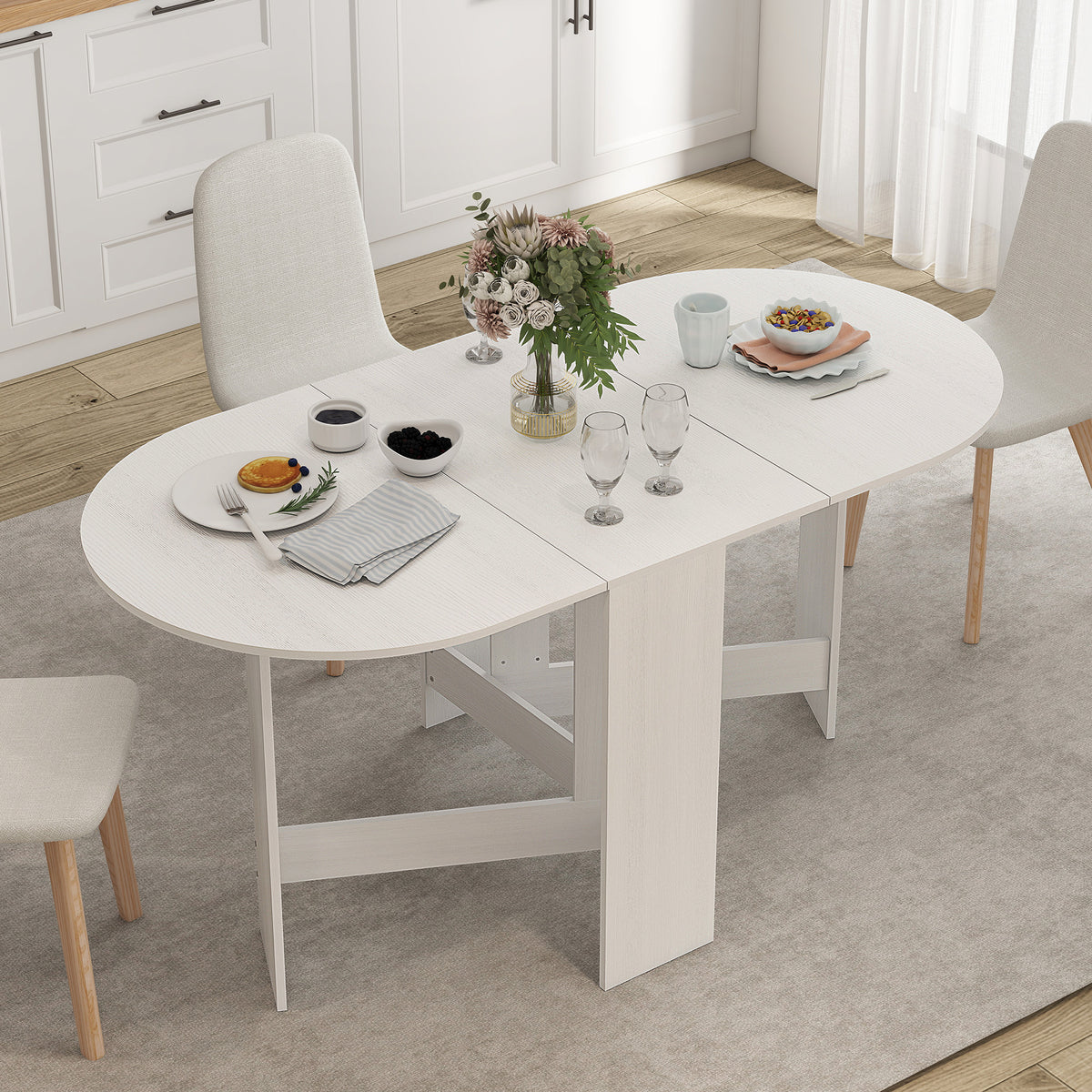 Table à manger pliante, table pliante cuisine ovale jusqu'à 6 personnes, pour petits espaces, salle à manger, blanc-9