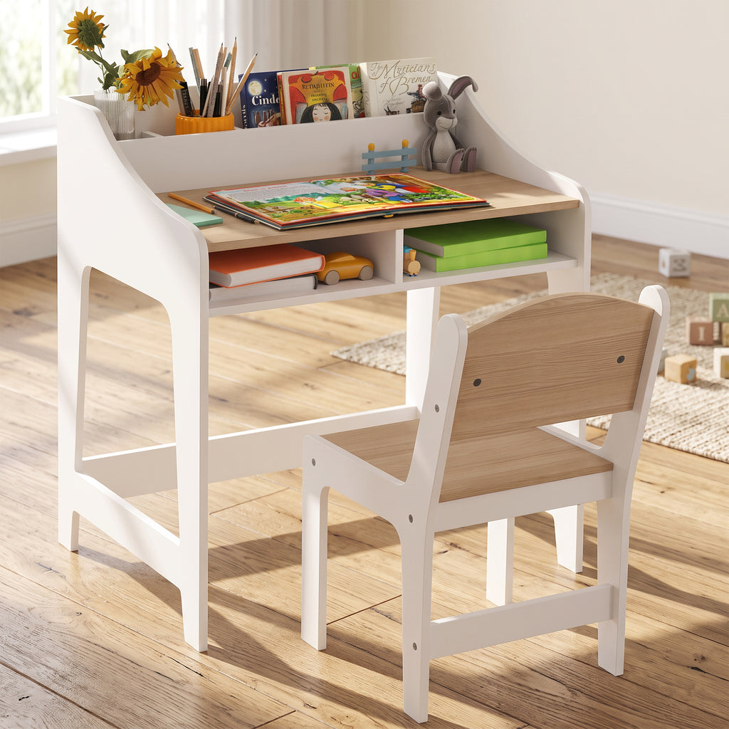 Ensemble bureau et chaise pour enfant 3 à 8 ans avec compartiments et étagères ouverts, effet bois naturel-9