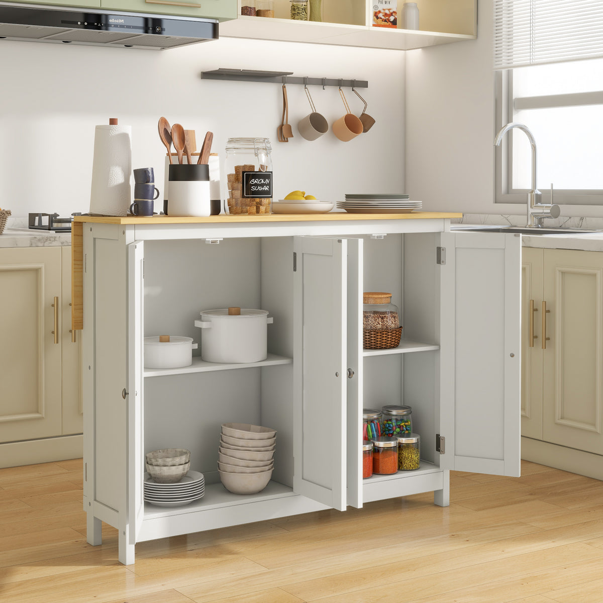Desserte îlot de cuisine avec 2 tabourets plan de travail rabattable 2 placards avec 4 portes design moderne blanc-7