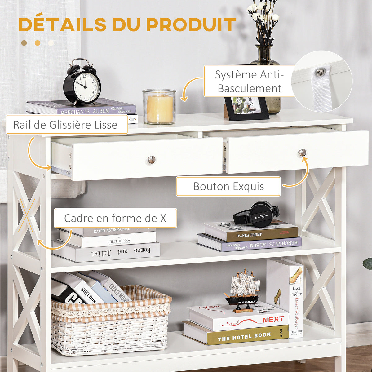 Table de console table d'entrée style table de drapier néo-rétro 2 tiroirs 2 étagères dim. 100L x 30,5l x 80H cm en bois blanc-4
