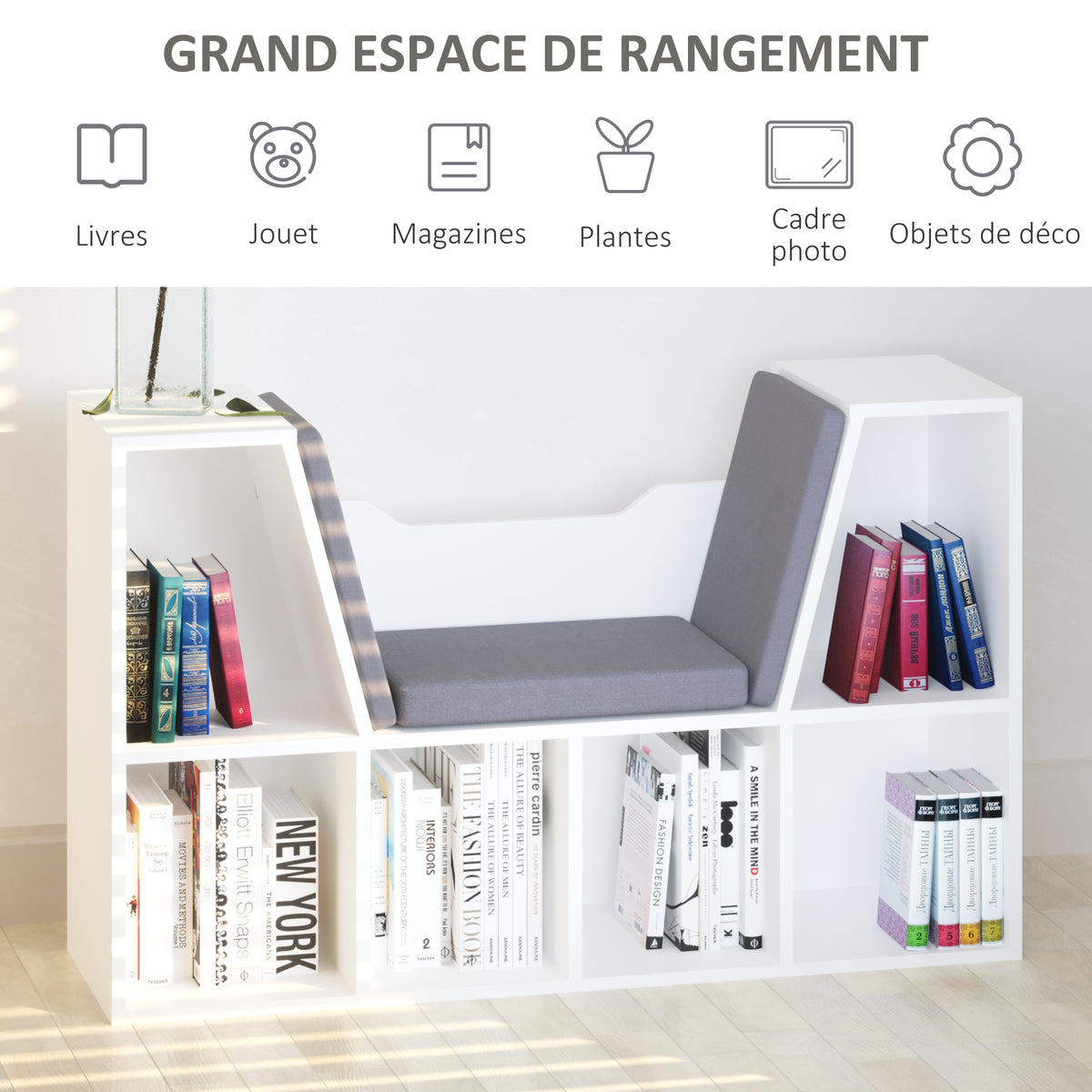 Bibliothèque banc 2 en 1 avec coussins de siège, étagère cube 6 compartiments ouverts et 2 niveaux, meuble de-3