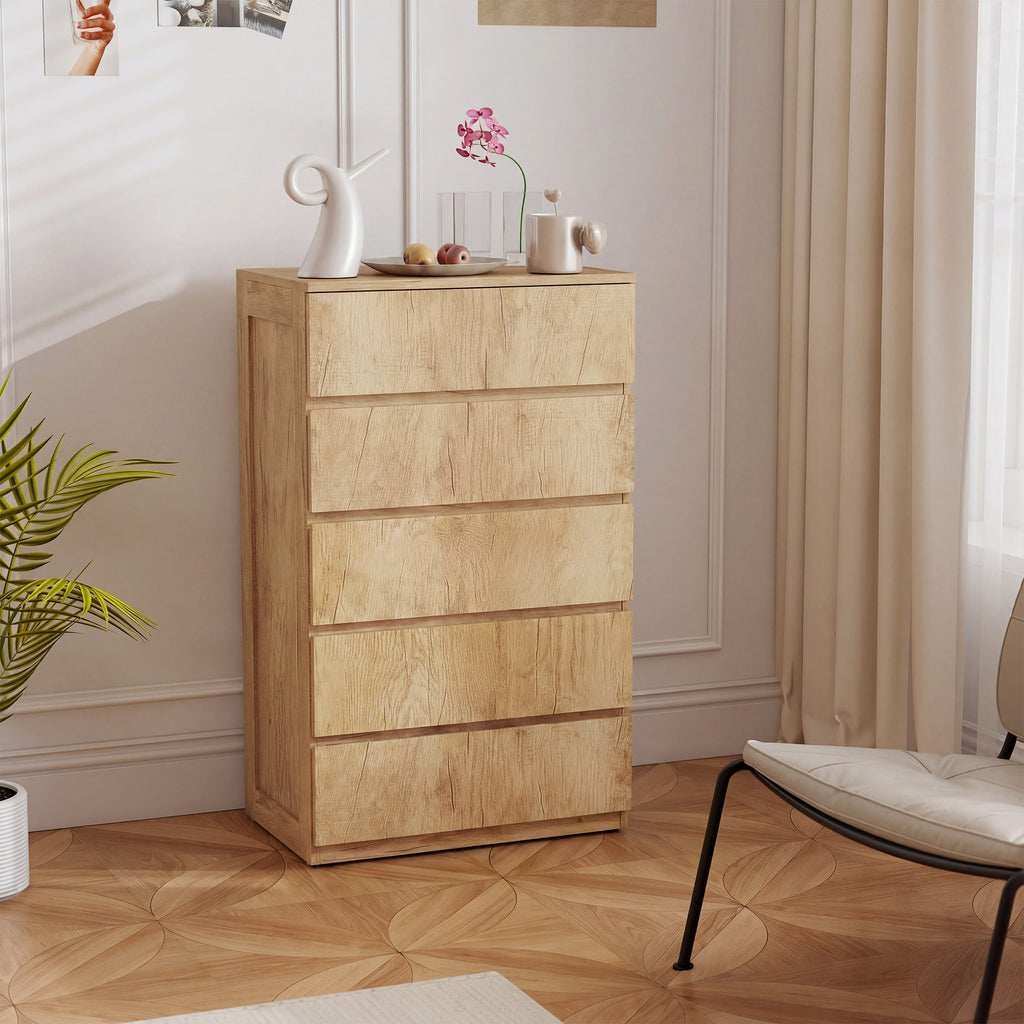Commode 5 tiroirs meuble de rangement sans poignées design minimaliste 60 x 39 x 100 cm bois naturel-3