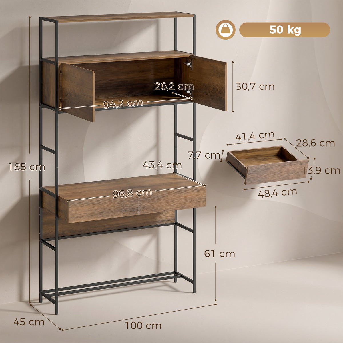 Bureau d'ordinateur avec 2 tiroirs, 100 x 45 x 185 cm, bureau avec rangement, 2 portes et étagères ouvertes, marron-2