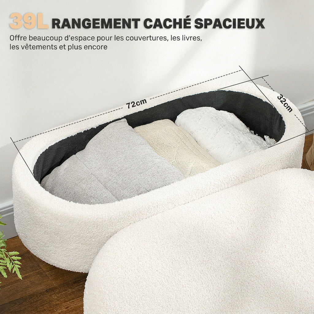 Banc de Rangement, Bout de Lit Rembourré en Peluche Teddy avec Couvercle et Pieds en Bois, 82 x 41 x 45 cm, Blanc-3