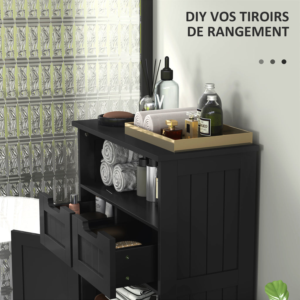 Meuble Bas de Salle de Bain Multi-rangements Grande Niche 2 tiroirs Placard Double Porte avec étagère Noir-5
