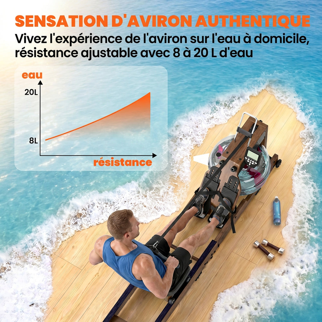 Rameur à Eau Rameur Appartement Pliable Double Rail Capacité 158kg Connexion Bluetooth 182x42x67cm Chêne-4