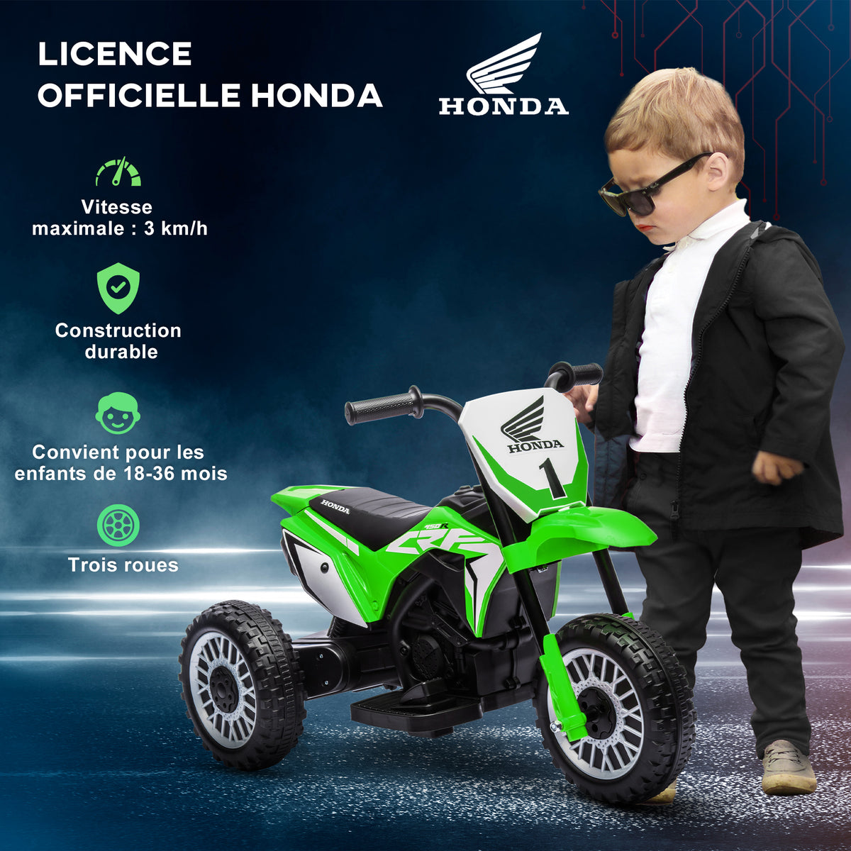 Moto cross éléctrique pour enfant licence Honda CRF450RL 3 roues batterie 6V enfants 18-36 mois vert-3
