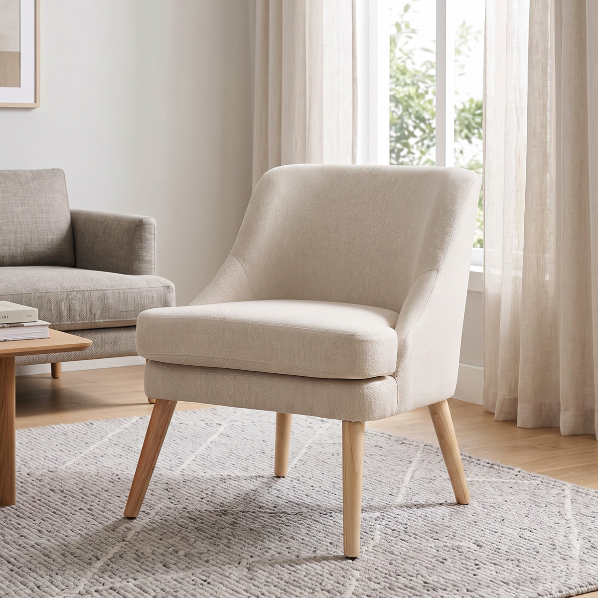 Fauteuil Scandinave Confortable pour Salon et Chambre, Pieds en Bois Massif, Revêtement en Tissu Lin, Beige-9